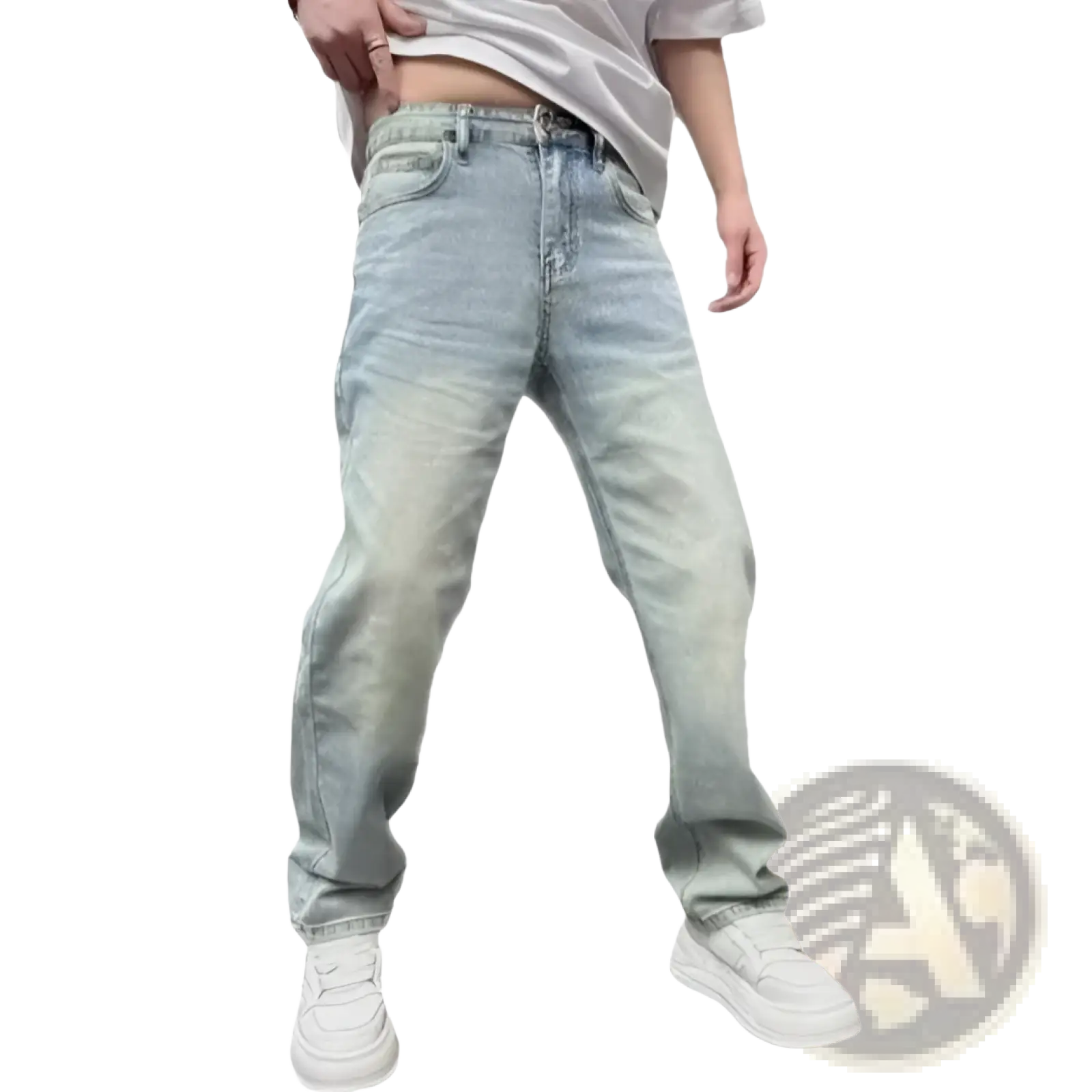Men’s light wash relaxed straight leg denim jeans with subtle fading in light-wash denim fabric