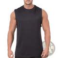 Black lightweight sleeveless athletic tank top with crew neckline and relaxed fit for men’s muscle training