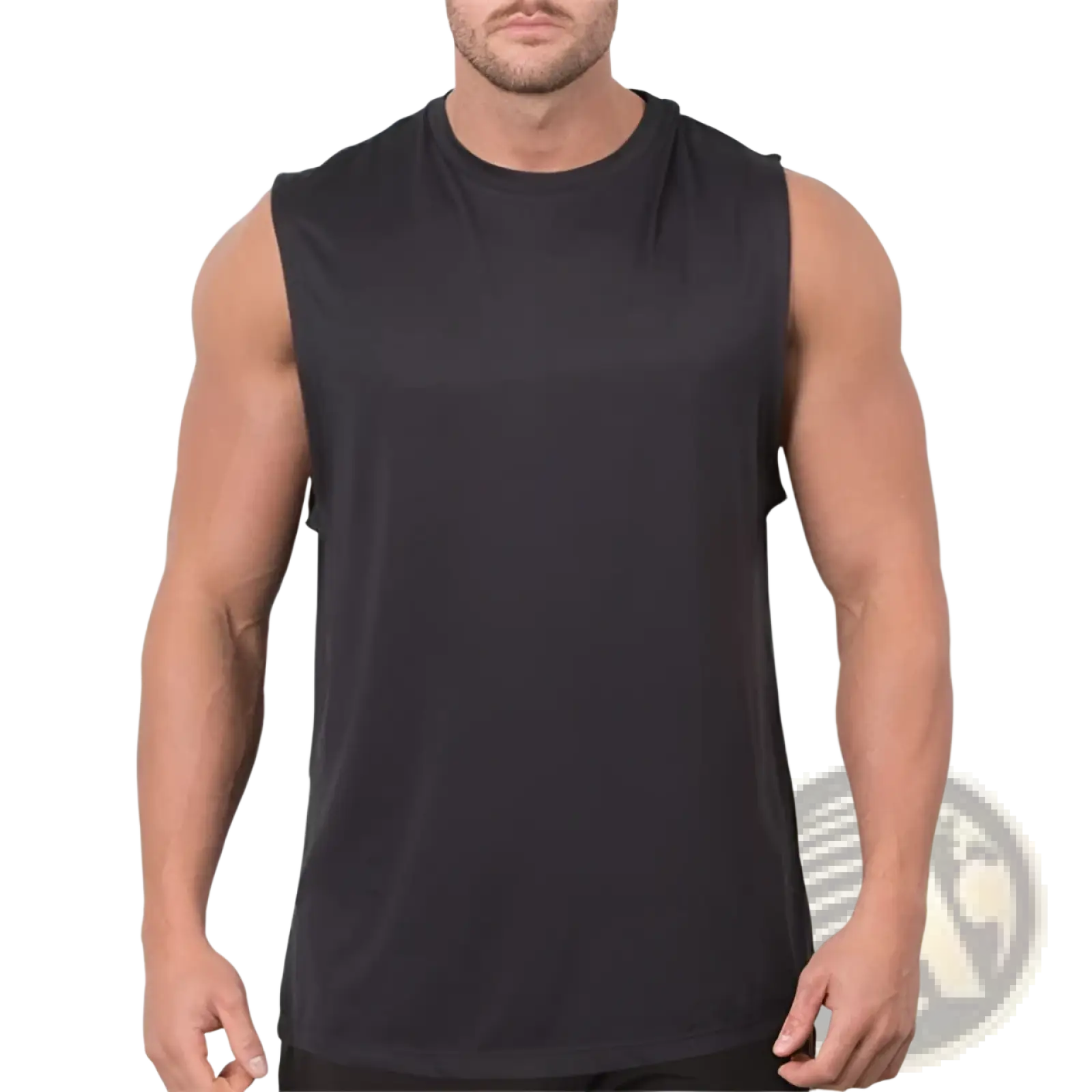 Black lightweight sleeveless athletic tank top with crew neckline and relaxed fit for men’s muscle training