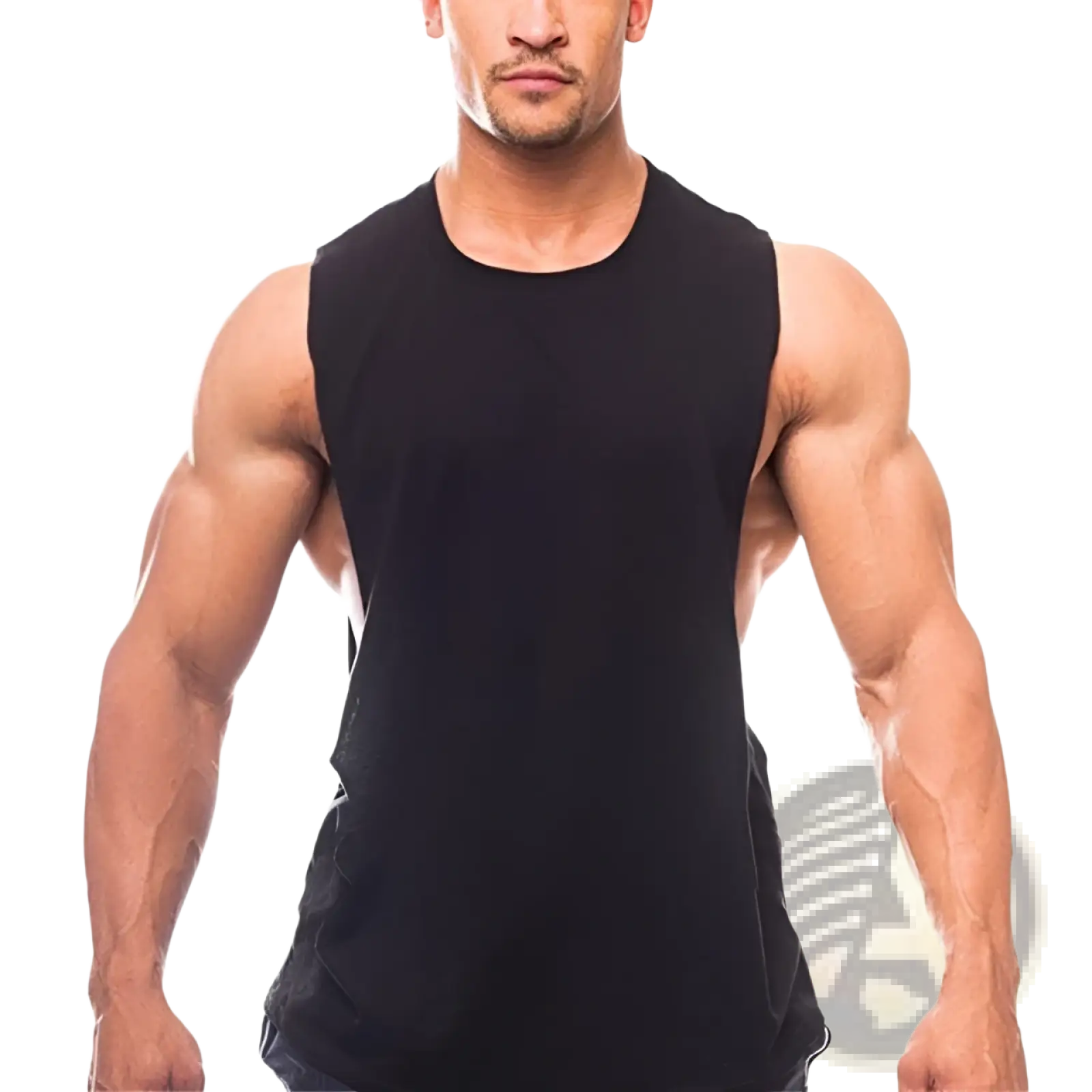 Men’s lightweight black sleeveless athletic muscle tank top with round neckline and relaxed fit for active wear