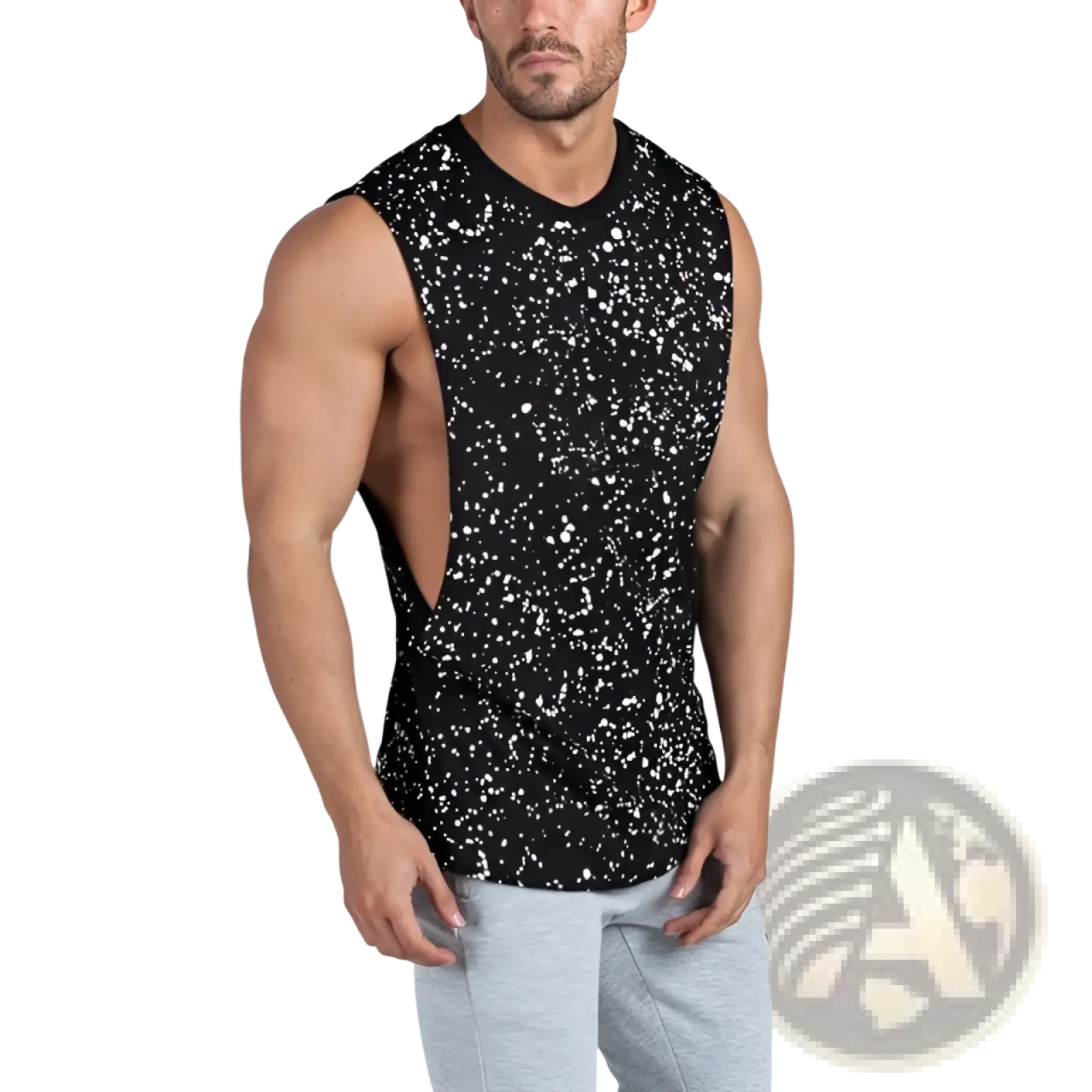 Men’s lightweight black sleeveless athletic muscle tank top with white speckle pattern and side cutout for ventilation