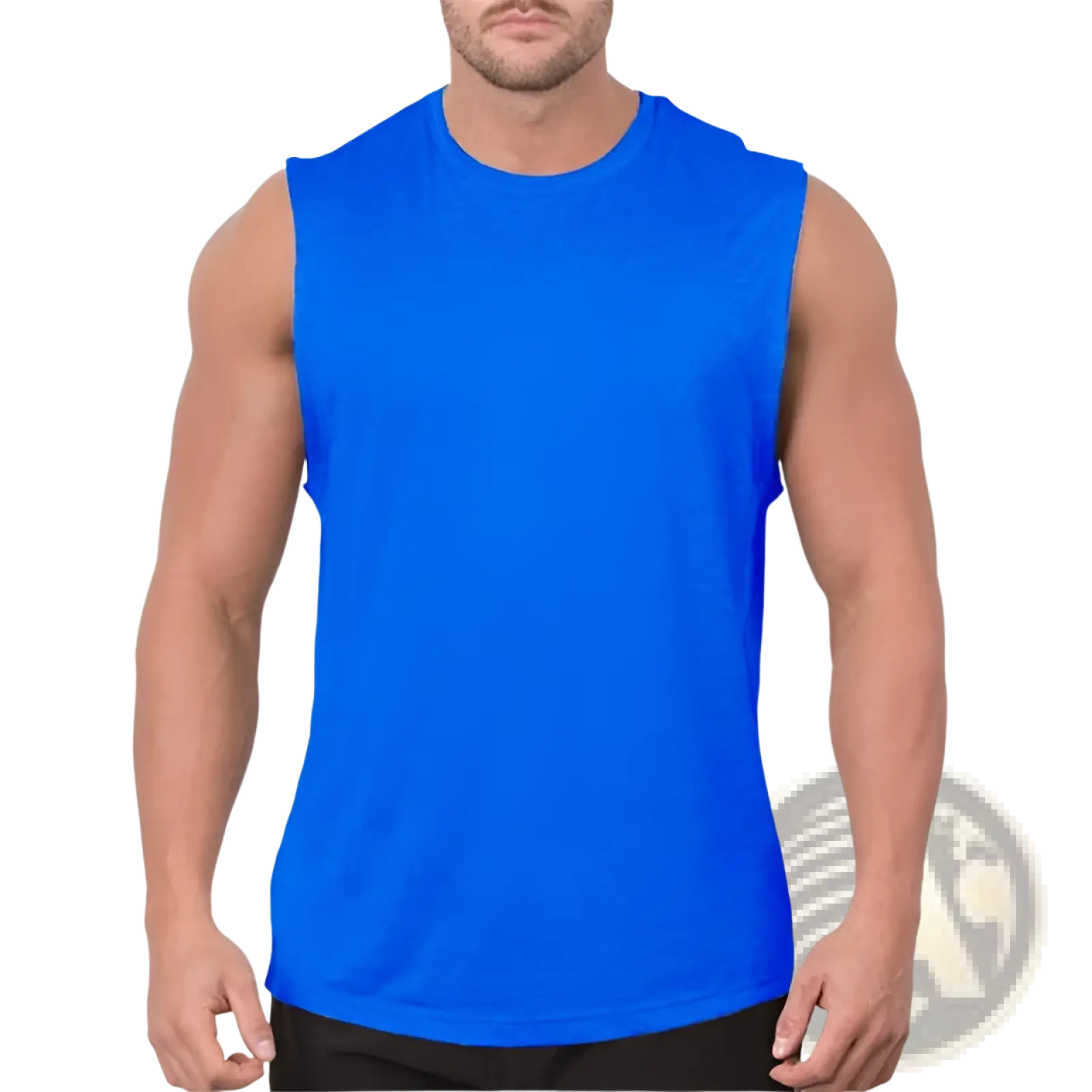 Bright blue men’s lightweight sleeveless athletic tank top designed for muscle definition and active wear