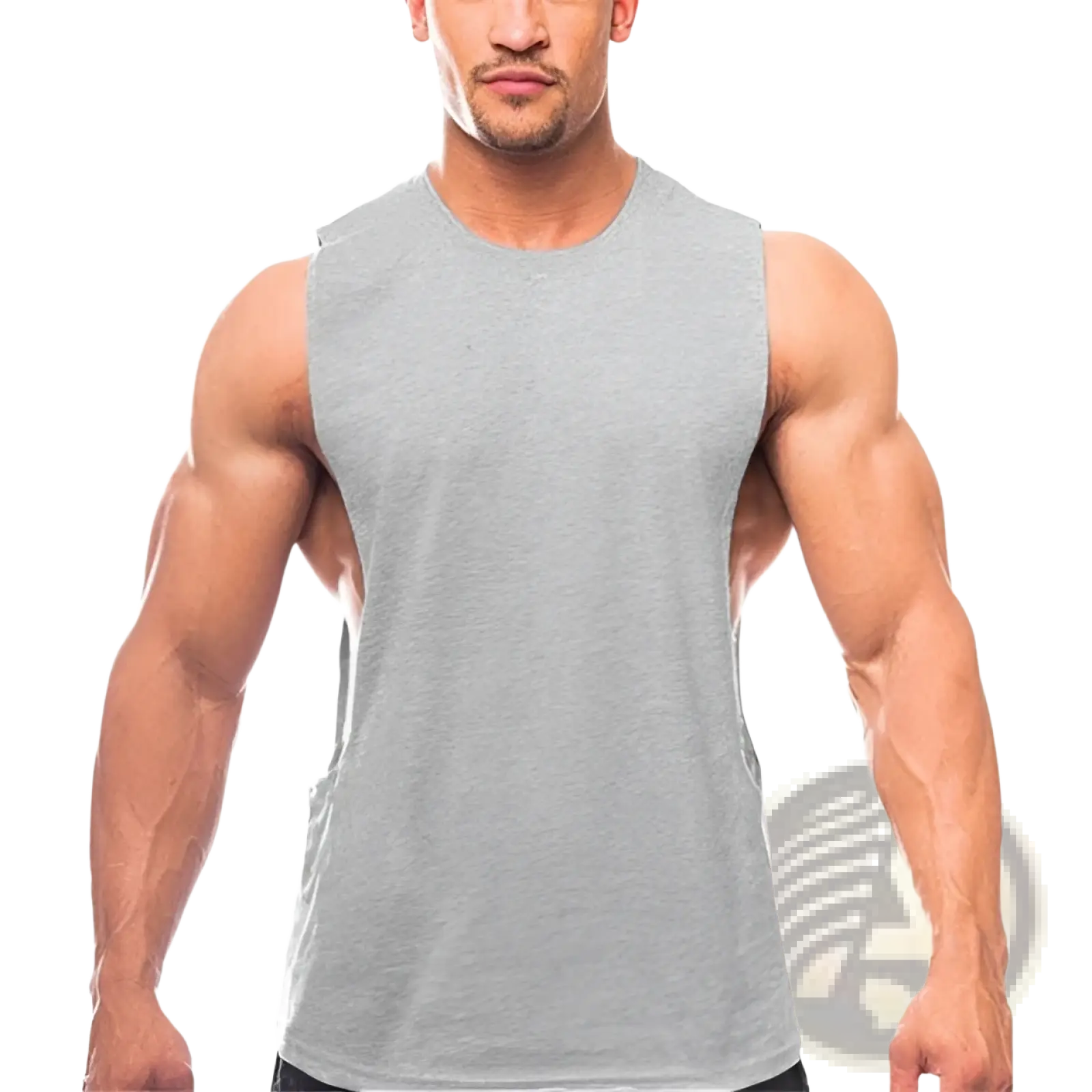 Men’s lightweight athletic muscle tank top in gray heathered fabric with crew neckline and tapered sleeves