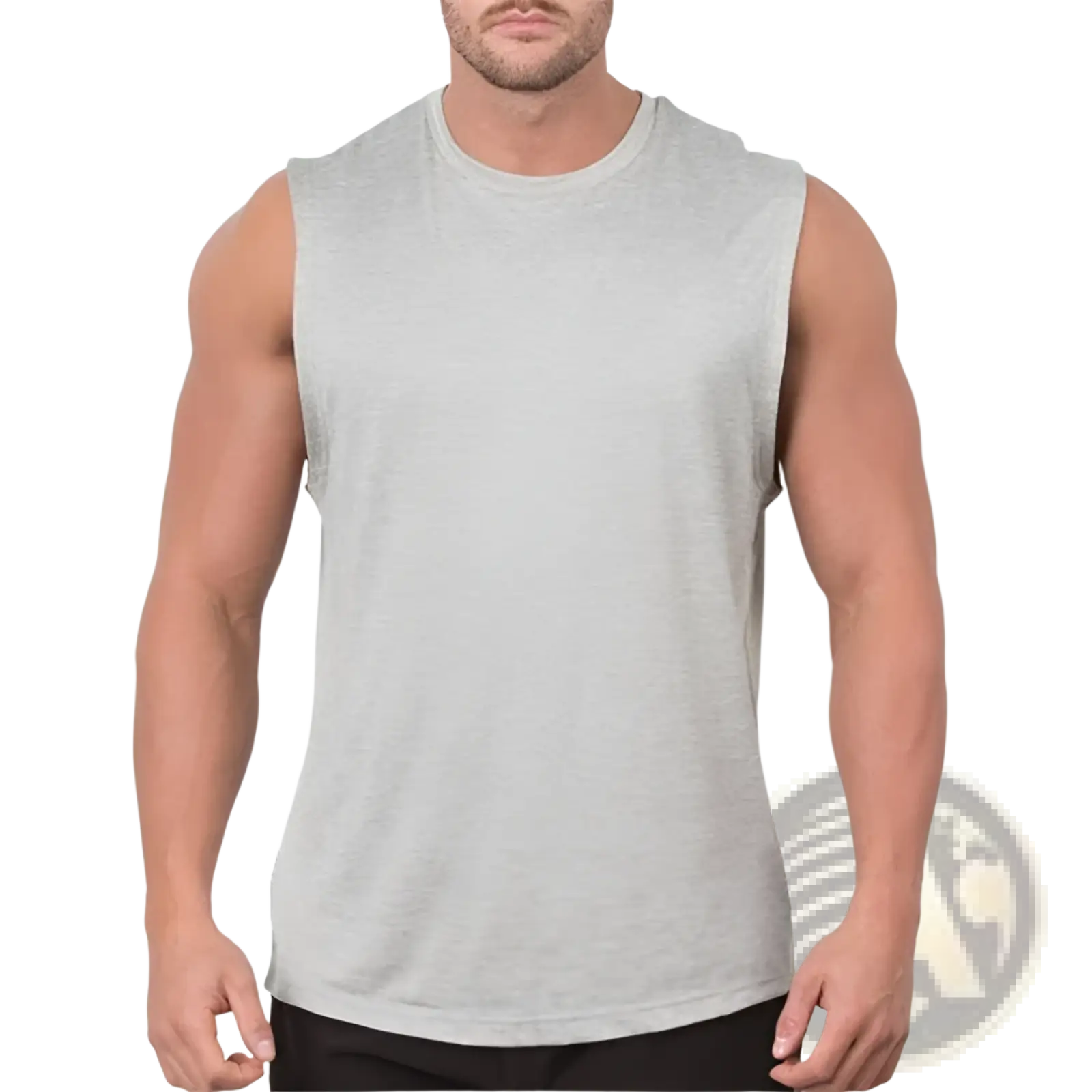 Men’s lightweight gray heathered sleeveless muscle tank top designed for athletic performance and comfort