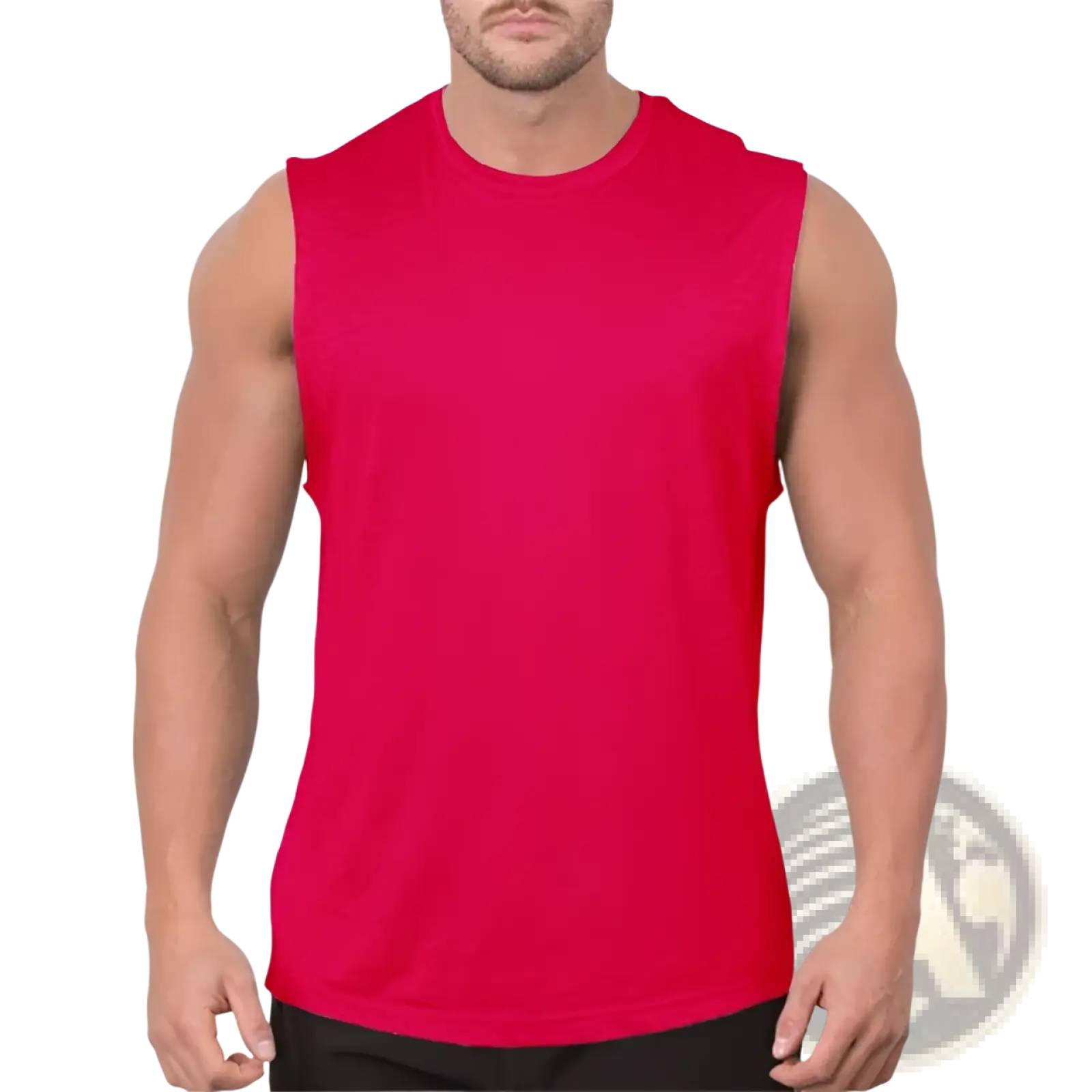 Bright red men’s lightweight athletic muscle tank top with smooth fitted fabric and crew neckline for active wear