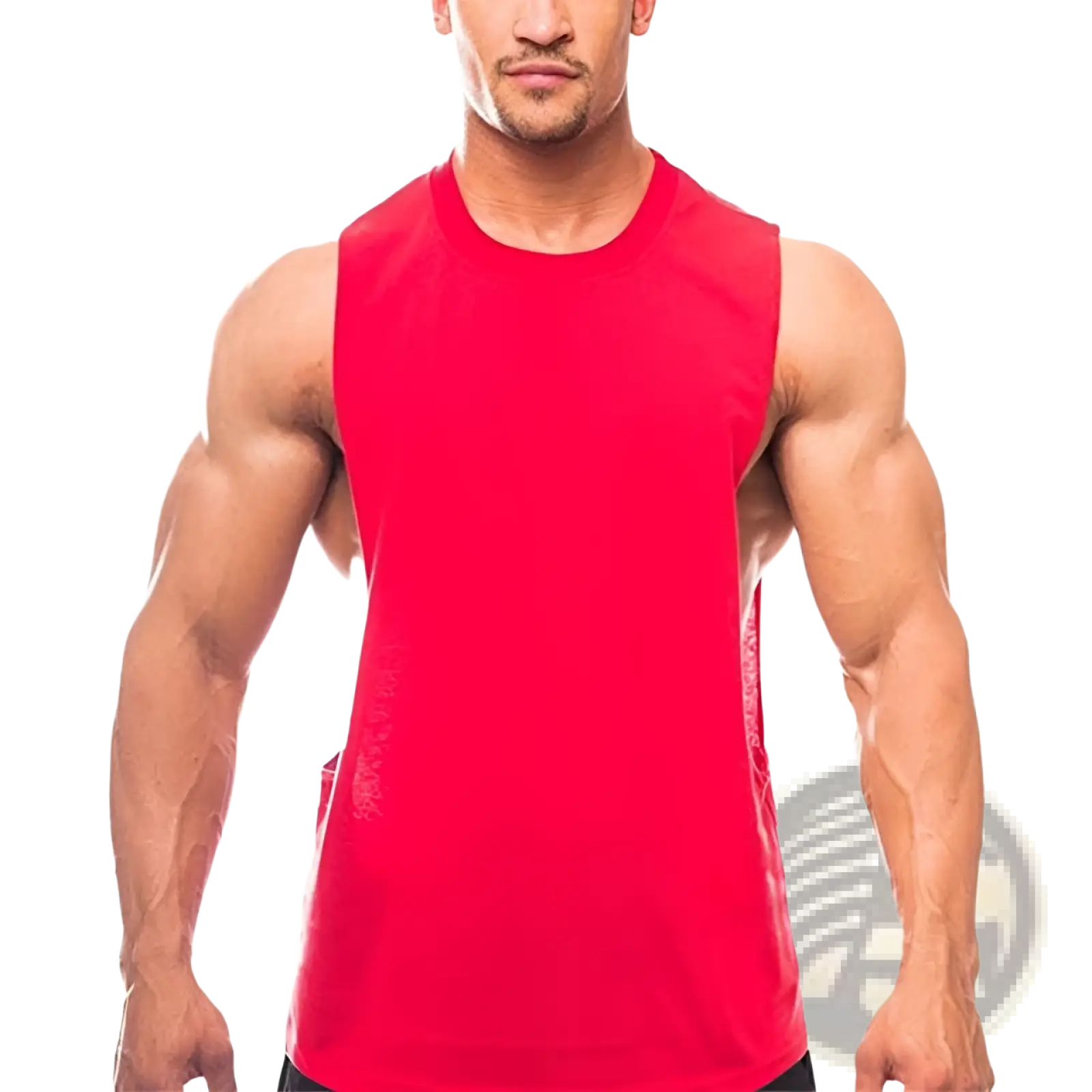 Men’s lightweight athletic muscle tank top in vibrant red with a sleeveless, crew neckline design for workouts