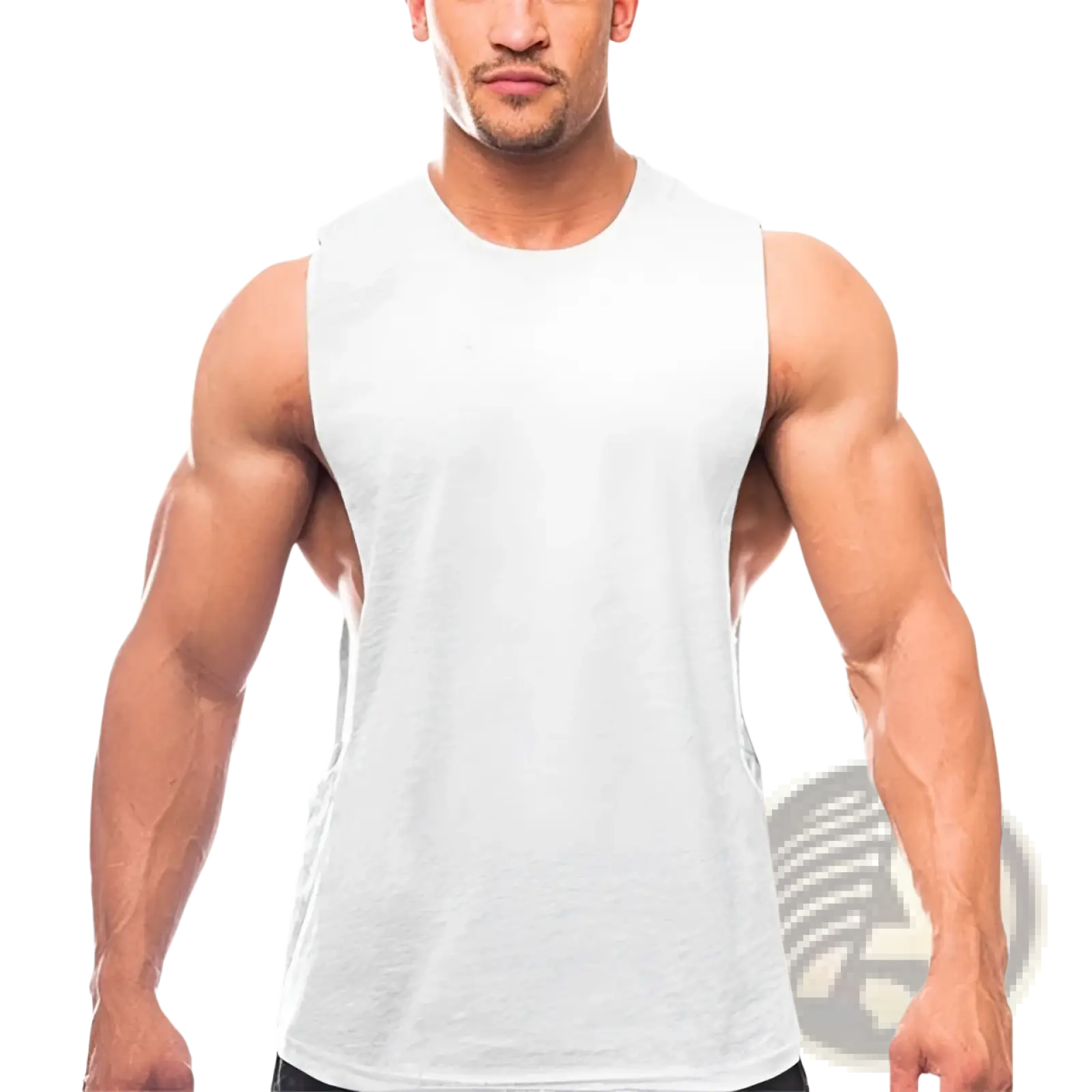 Men’s lightweight athletic muscle tank top in white sleeveless fabric with a simple crew neckline and relaxed fit