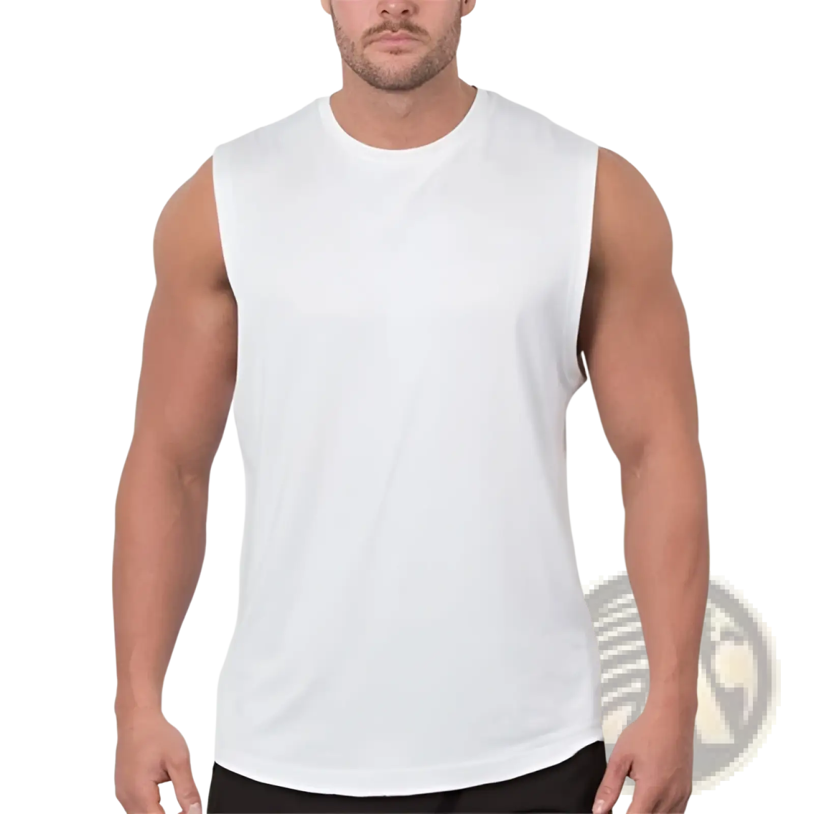 Men’s lightweight white sleeveless athletic tank top with crew neckline and fitted cut ideal for workouts