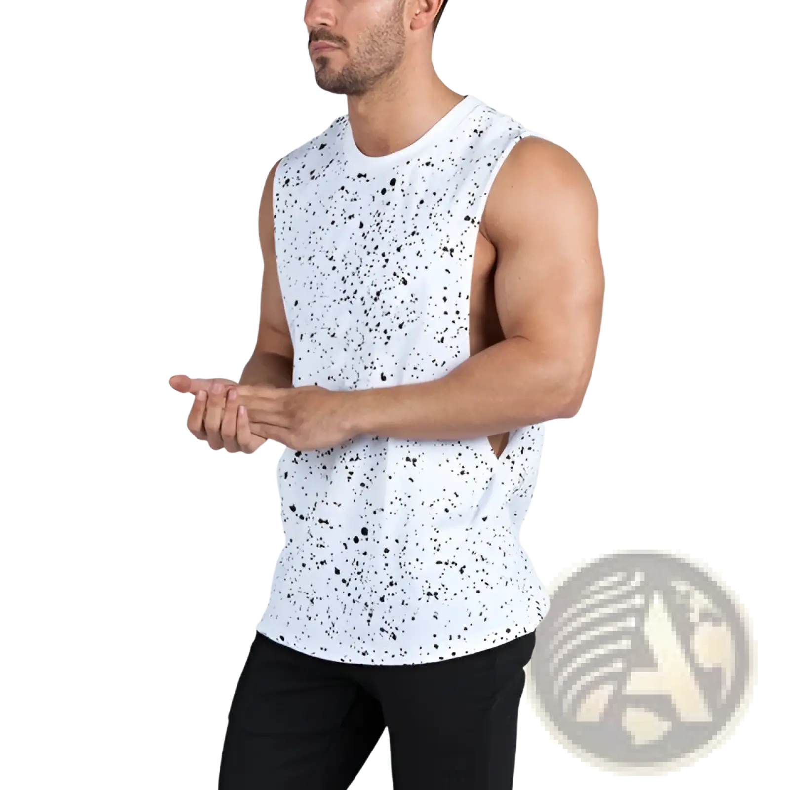 Men’s lightweight athletic muscle tank top in white with a black speckled pattern and sleeveless design