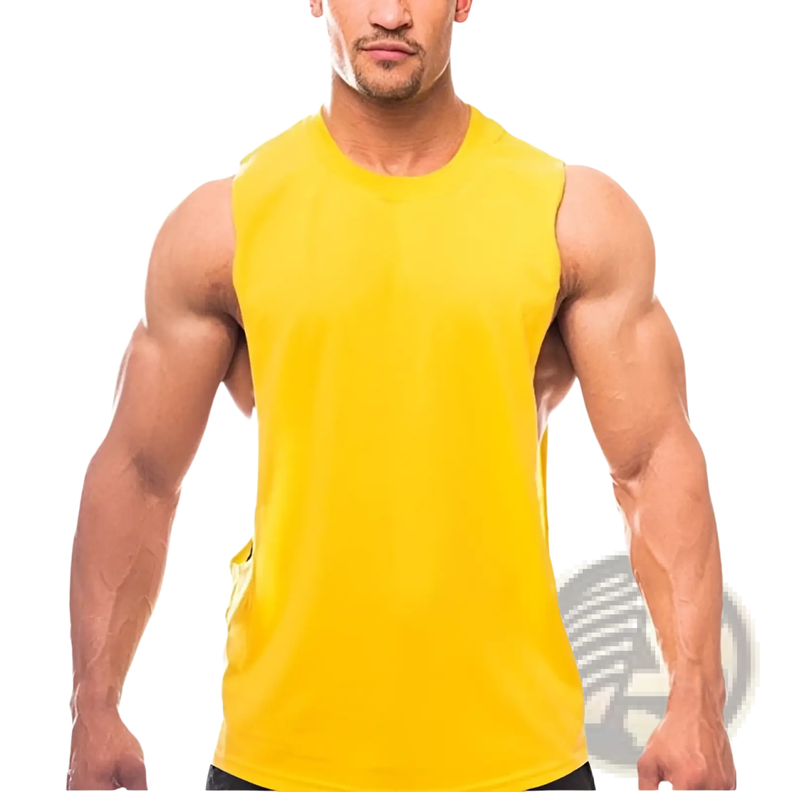 Men’s bright yellow lightweight athletic muscle tank top with a simple crew neckline and smooth fabric
