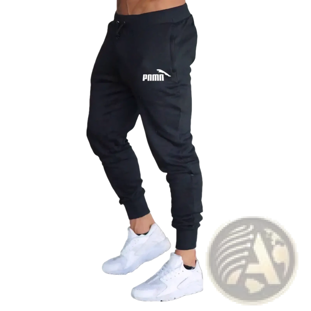 Men’s lightweight breathable casual joggers in black with a white logo on the thigh for comfortable wear
