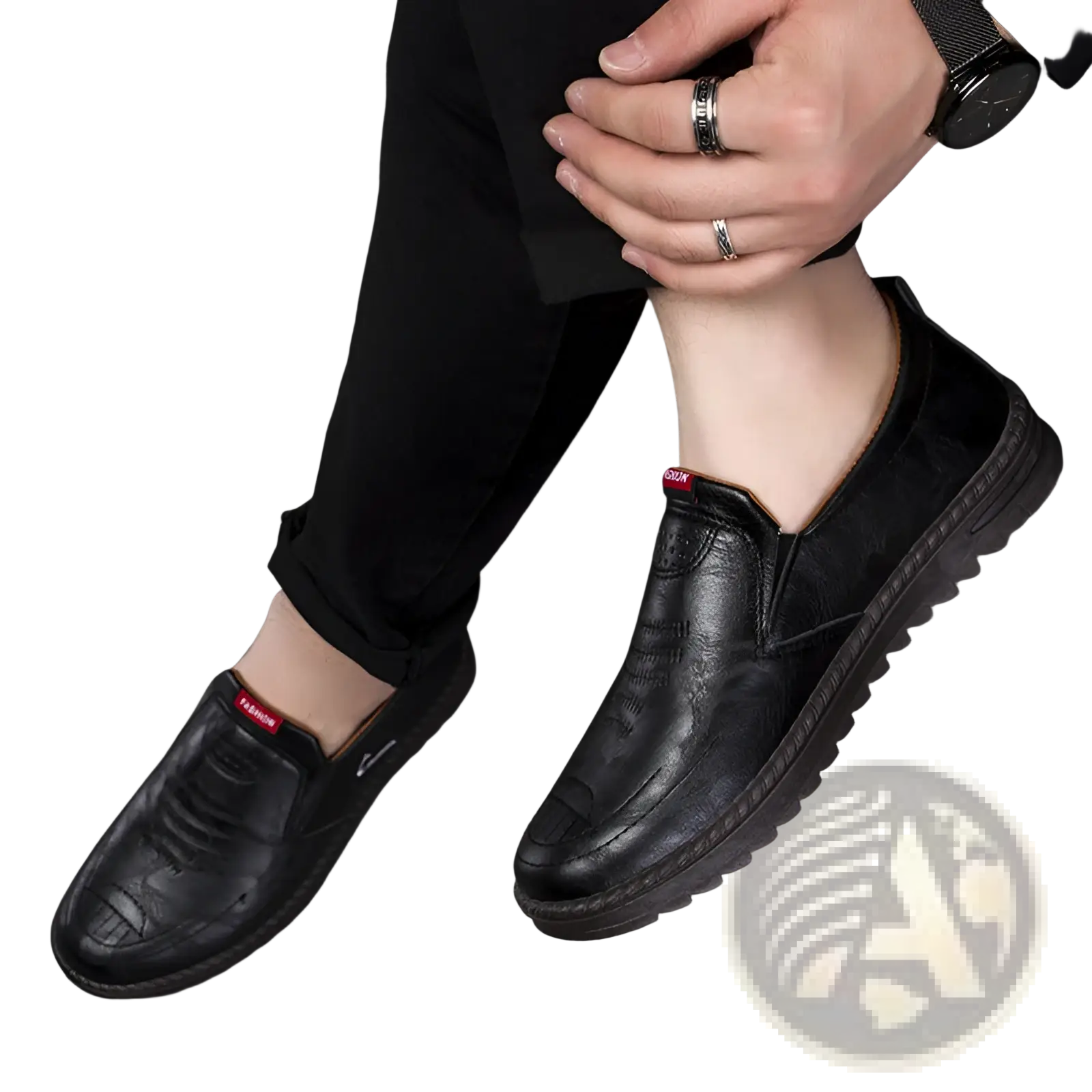 Men’s black lightweight breathable faux leather slip on shoes with textured pattern and red branding tag visible