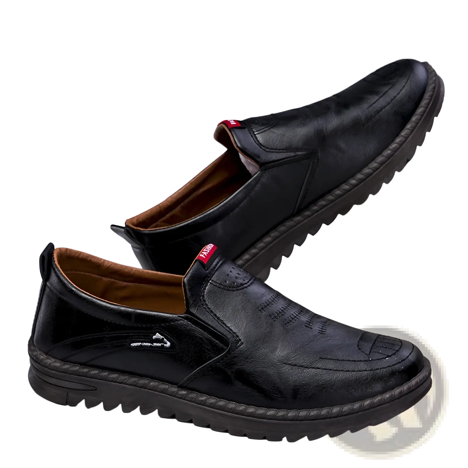 Black leather slip on men’s shoes with textured surface and brown lining designed for lightweight breathability