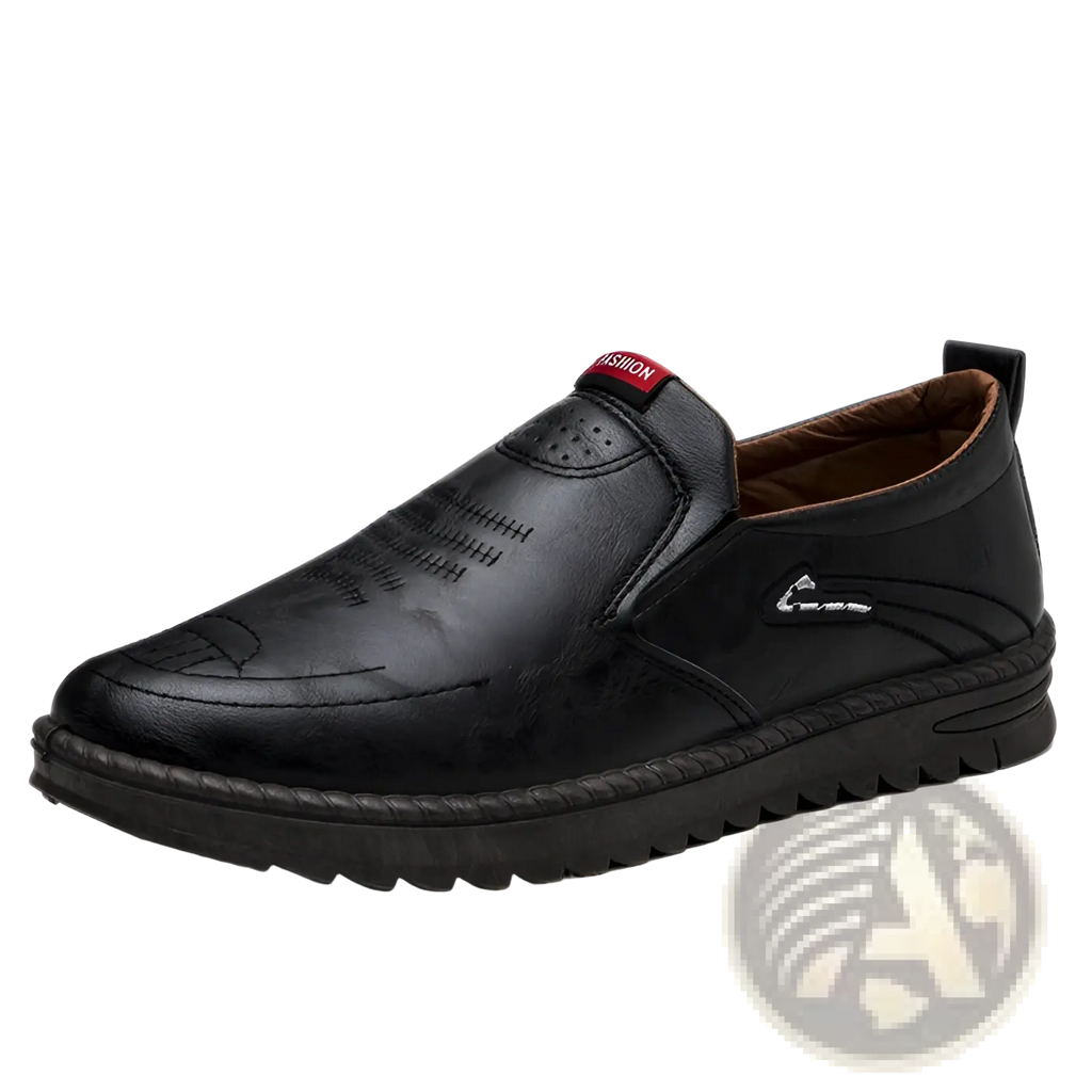 Men’s black lightweight breathable faux leather slip on shoe with stitched detailing and a textured rubber sole