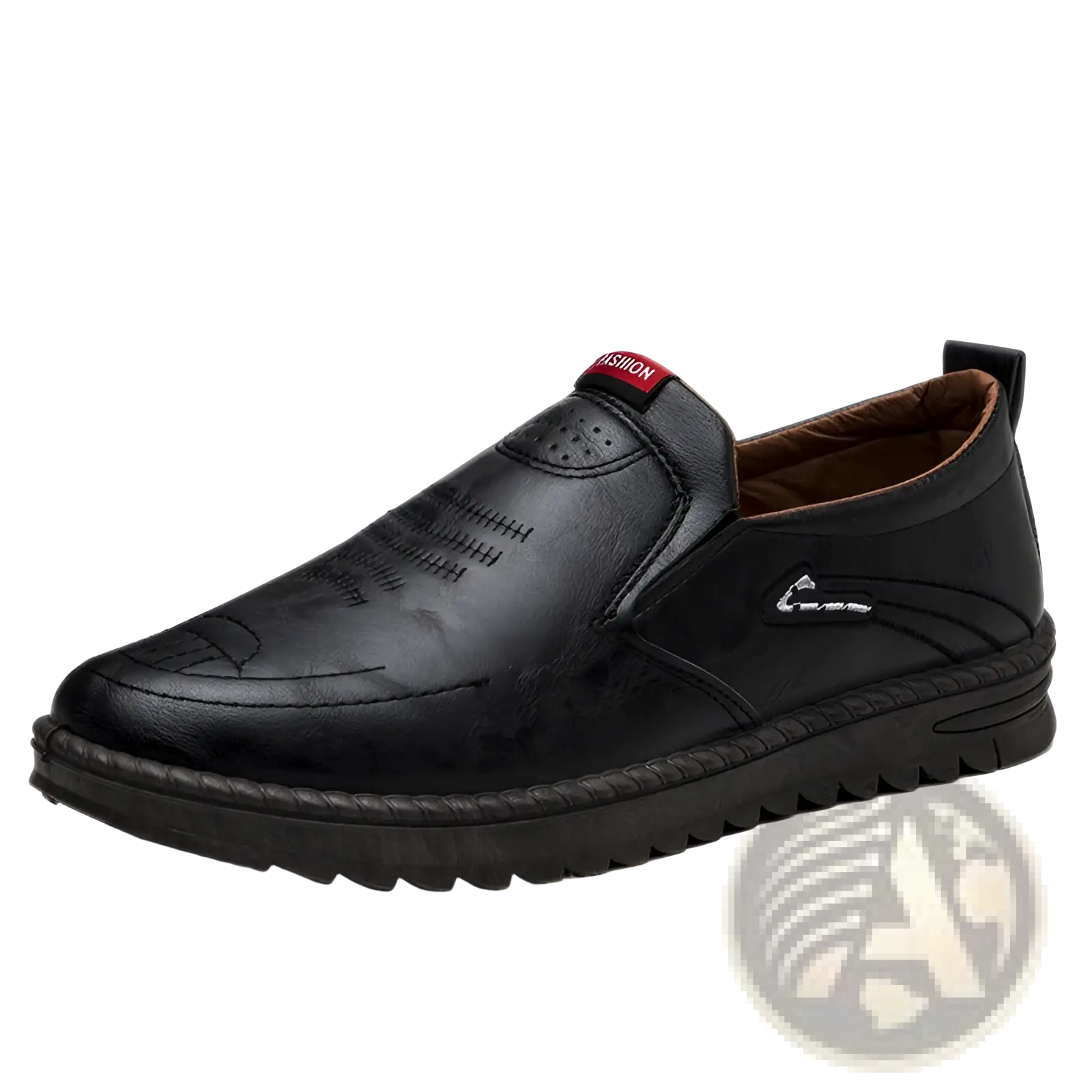 Men’s black lightweight breathable faux leather slip on shoe with stitched detailing and a textured rubber sole