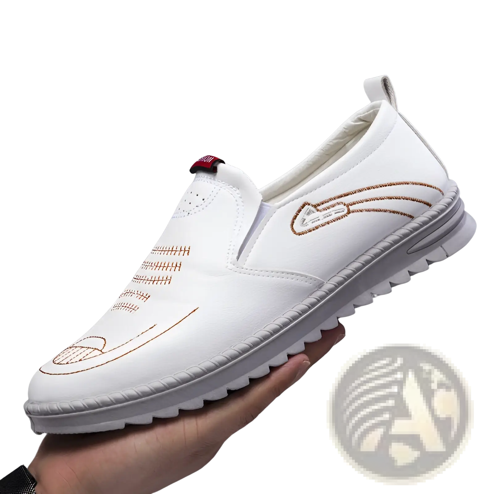 Men’s lightweight breathable white faux leather slip on shoe with brown embroidered detailing and textured rubber sole