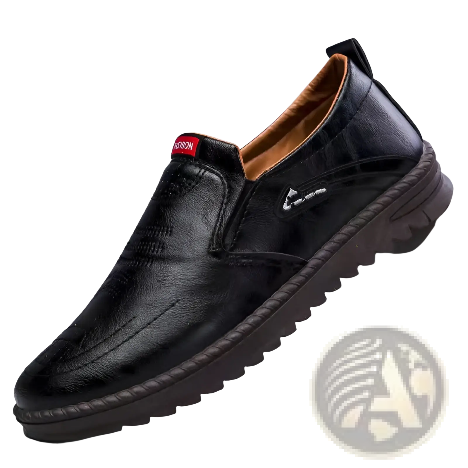 Black lightweight breathable faux leather men’s slip-on shoe with textured surface tan lining and red heel label back view