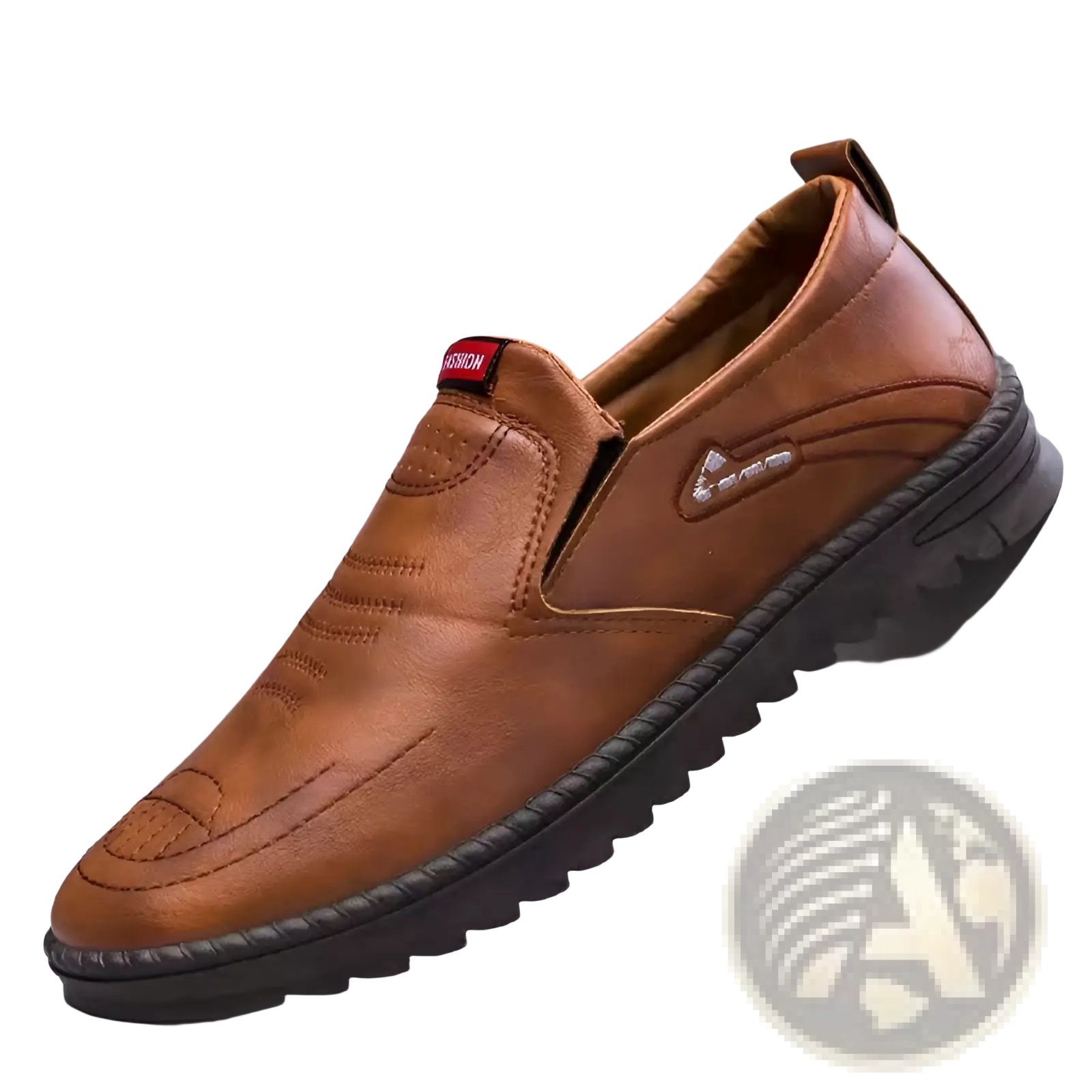 Men’s lightweight breathable brown faux leather slip-on shoe with textured sole and stitched detailing for casual wear
