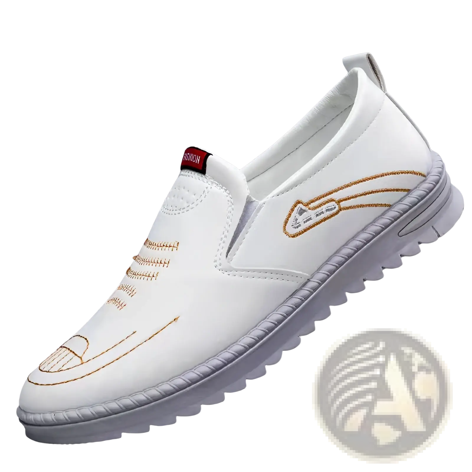 White leather slip-on shoe with gold embroidery details and a gray rubber sole.
