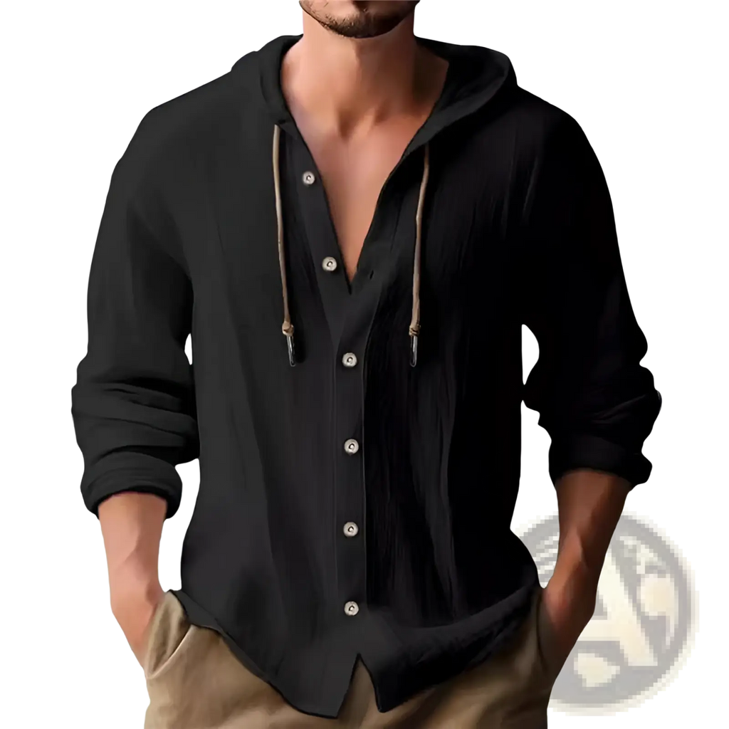 Men’s lightweight hooded button up cardigan shirt in black textured fabric with contrasting tan drawstrings