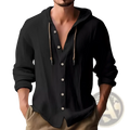 Men’s lightweight hooded button up cardigan shirt in black textured fabric with contrasting tan drawstrings