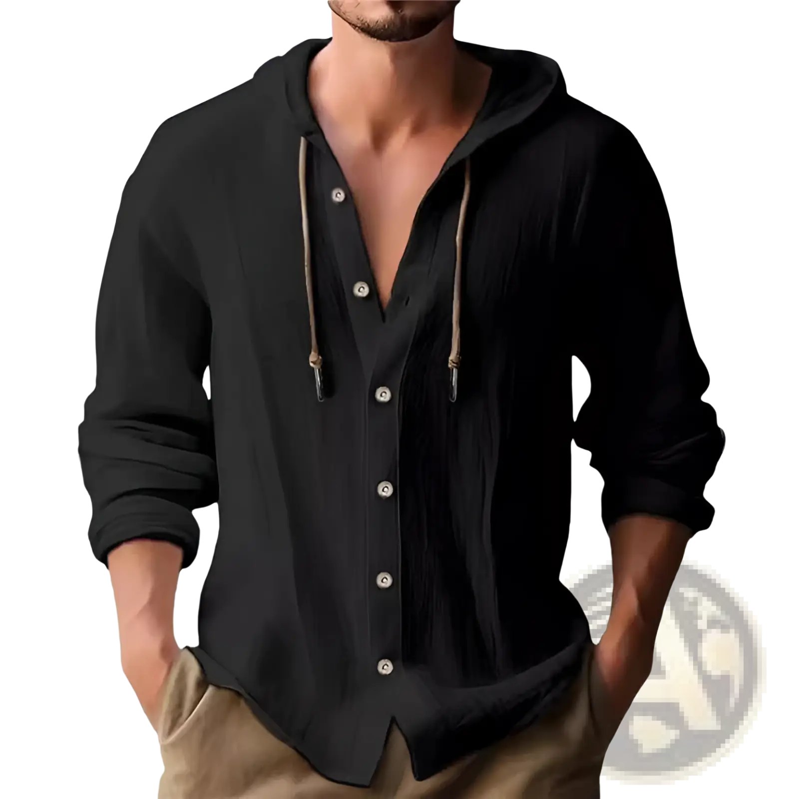 Men’s lightweight hooded button up cardigan shirt in black textured fabric with contrasting tan drawstrings