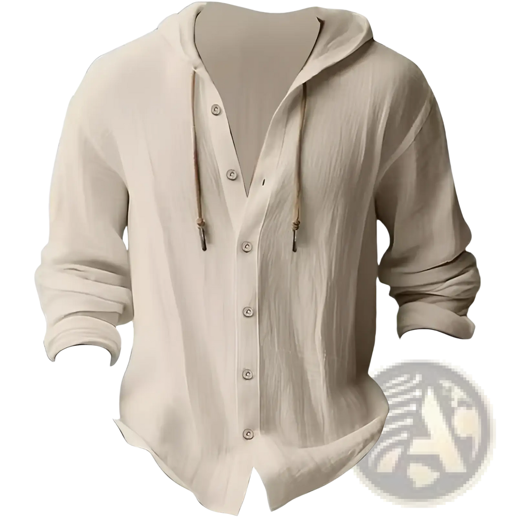Men’s beige lightweight hooded button-up cardigan shirt featuring relaxed fit and subtle fabric texture
