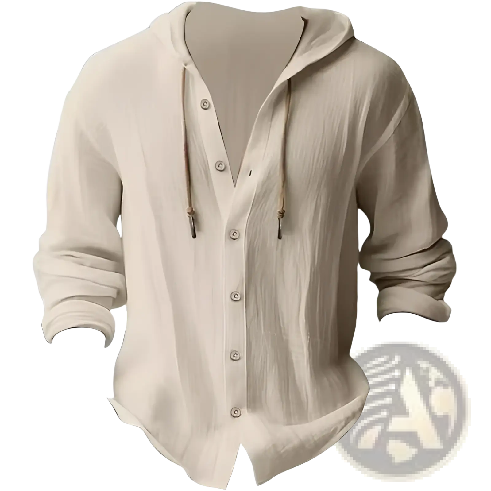 Men’s beige lightweight hooded button-up cardigan shirt featuring relaxed fit and subtle fabric texture