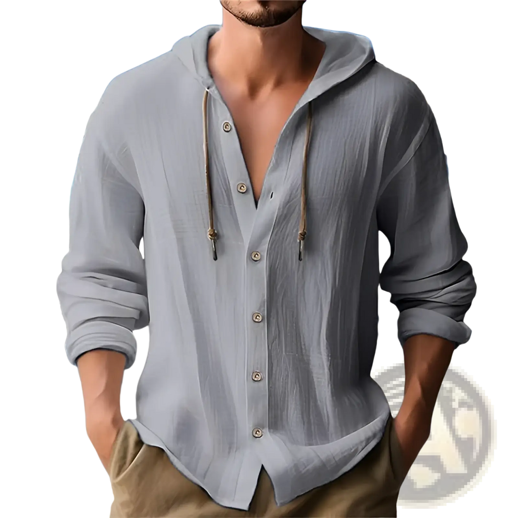 Men’s lightweight hooded button up cardigan shirt in light gray with rolled sleeves and wooden toggle drawstrings