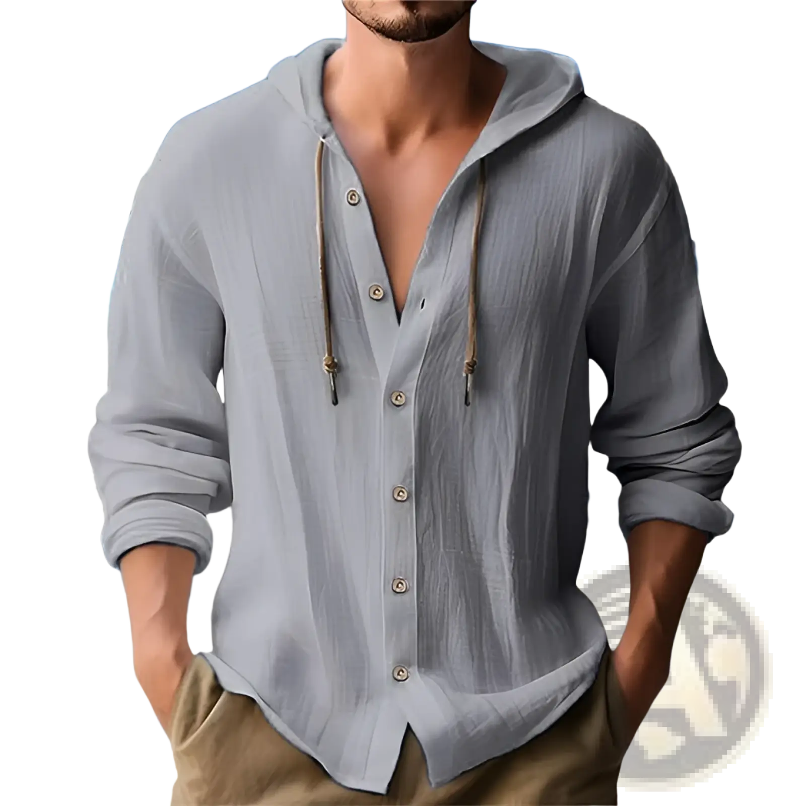 Men’s lightweight hooded button up cardigan shirt in light gray with rolled sleeves and wooden toggle drawstrings