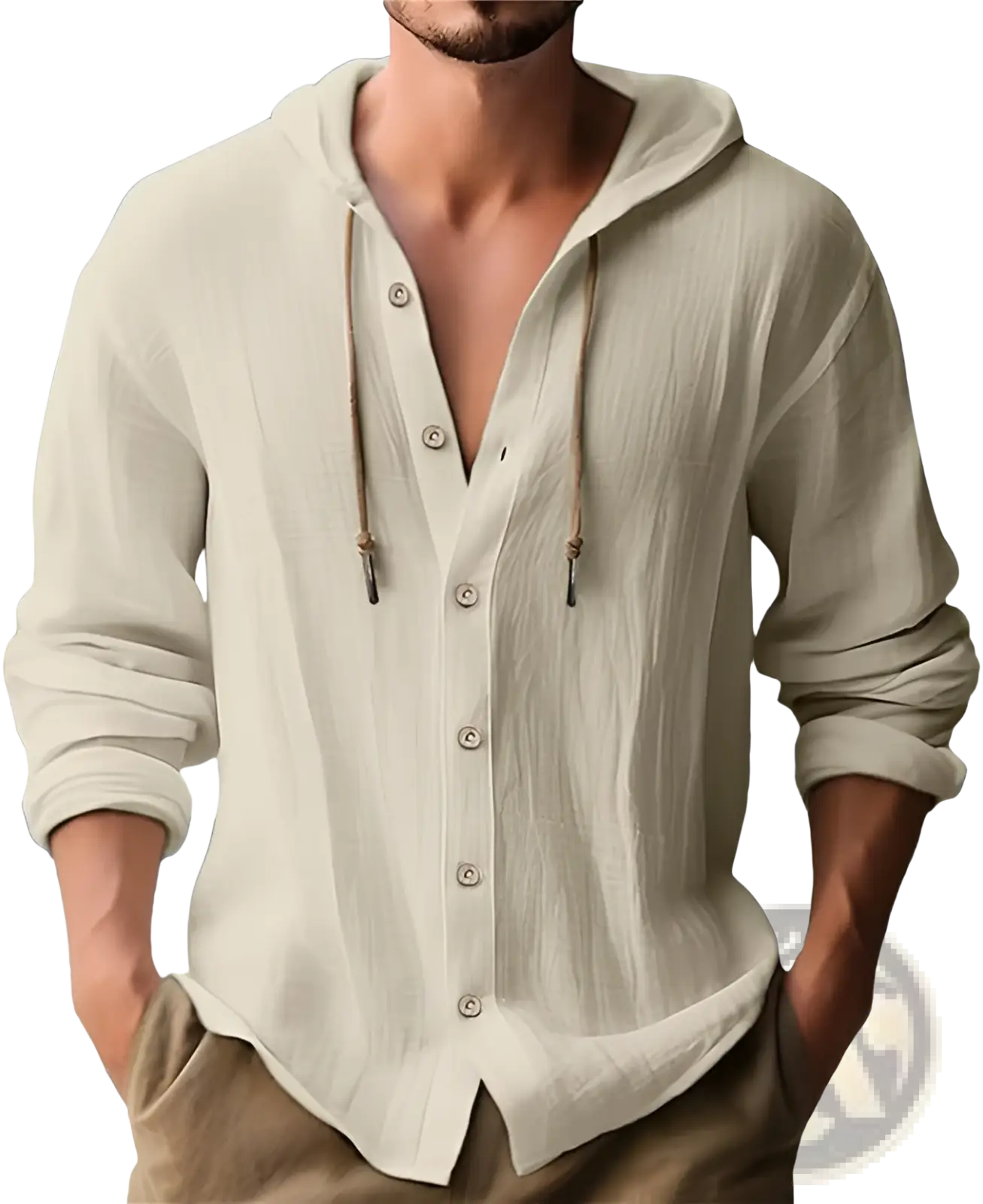 Beige men’s lightweight hooded button-up cardigan shirt with relaxed textured fabric and natural-colored drawstrings