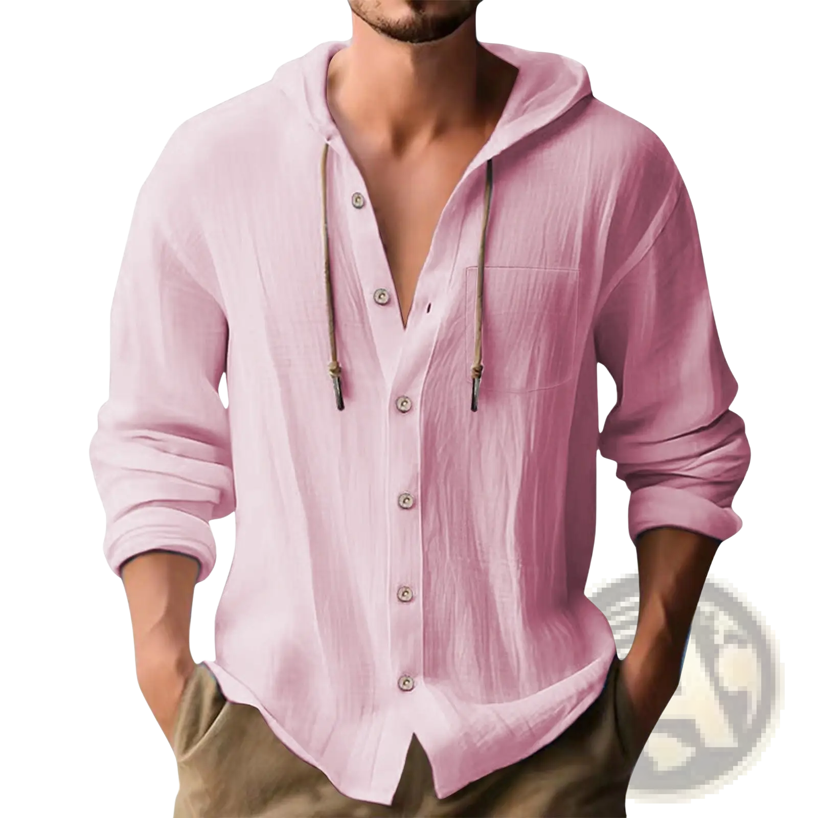 Men’s lightweight hooded button up cardigan shirt in soft pink textured fabric with long sleeves and matching drawstrings