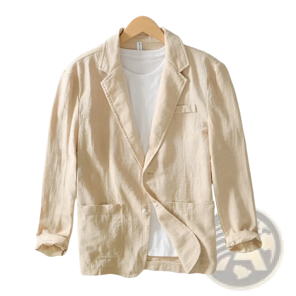 Beige men’s lightweight linen blazer jacket with relaxed fit single-breasted design and rolled-up sleeves