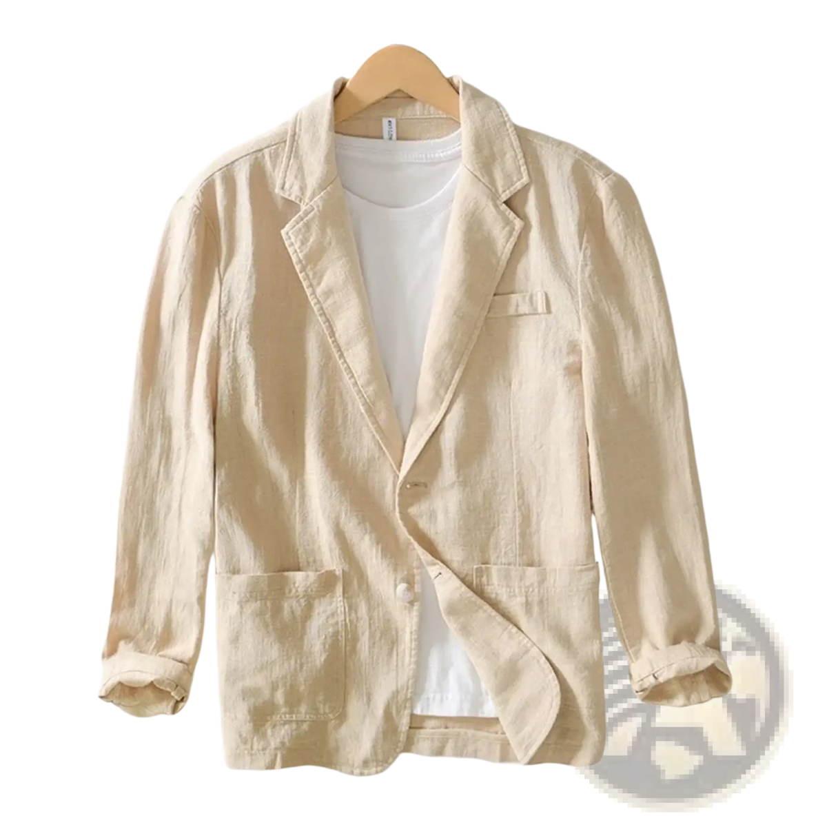 Beige men’s lightweight linen blazer jacket with relaxed fit single-breasted design and rolled-up sleeves