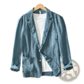 Men’s blue linen blazer with single button closure and rolled-up sleeves lightweight casual jacket