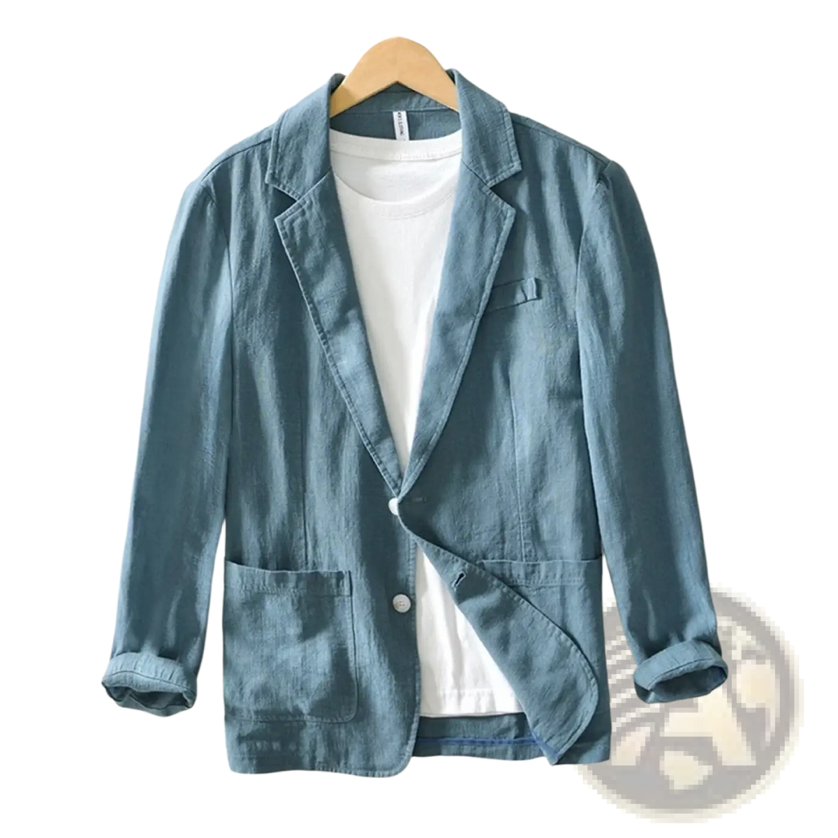 Men’s blue linen blazer with single button closure and rolled-up sleeves lightweight casual jacket