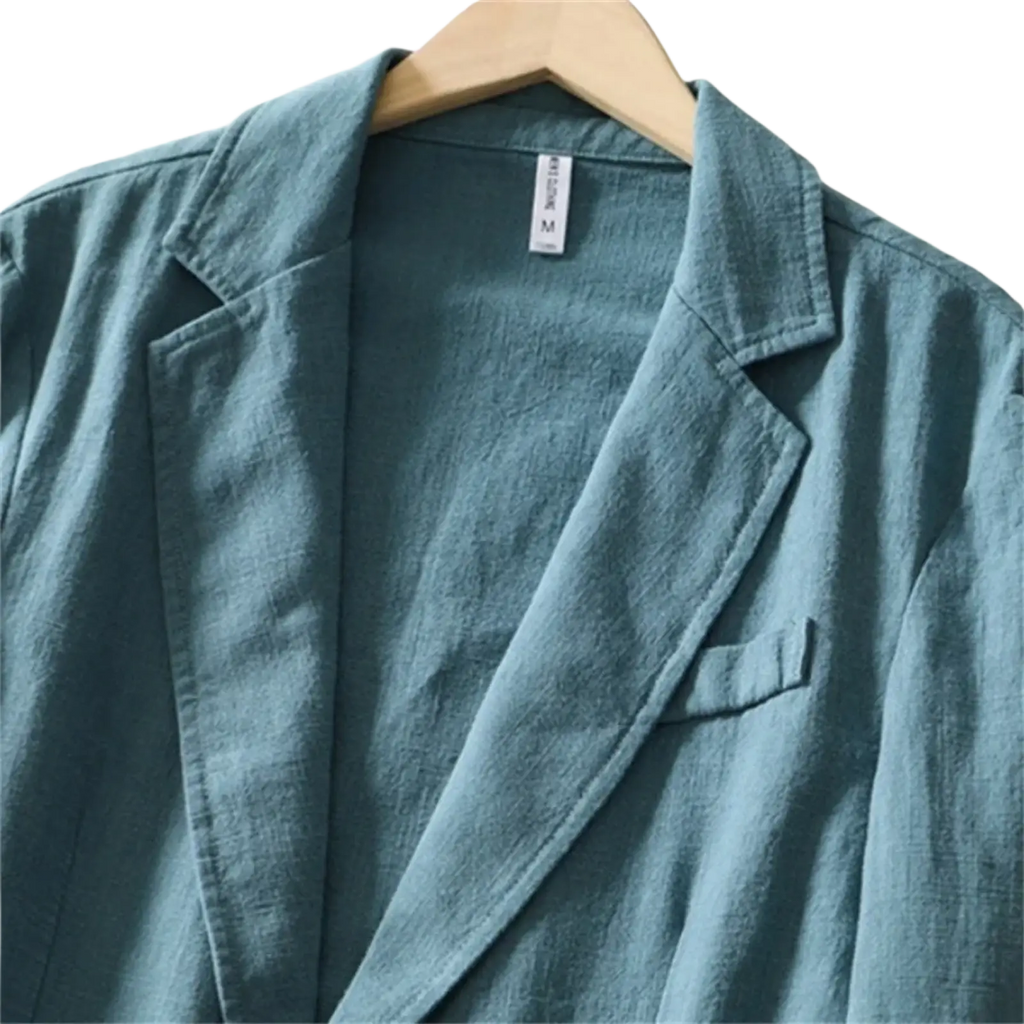 Men’s teal lightweight linen casual blazer jacket with relaxed fit and subtle texture hanging on wooden hanger