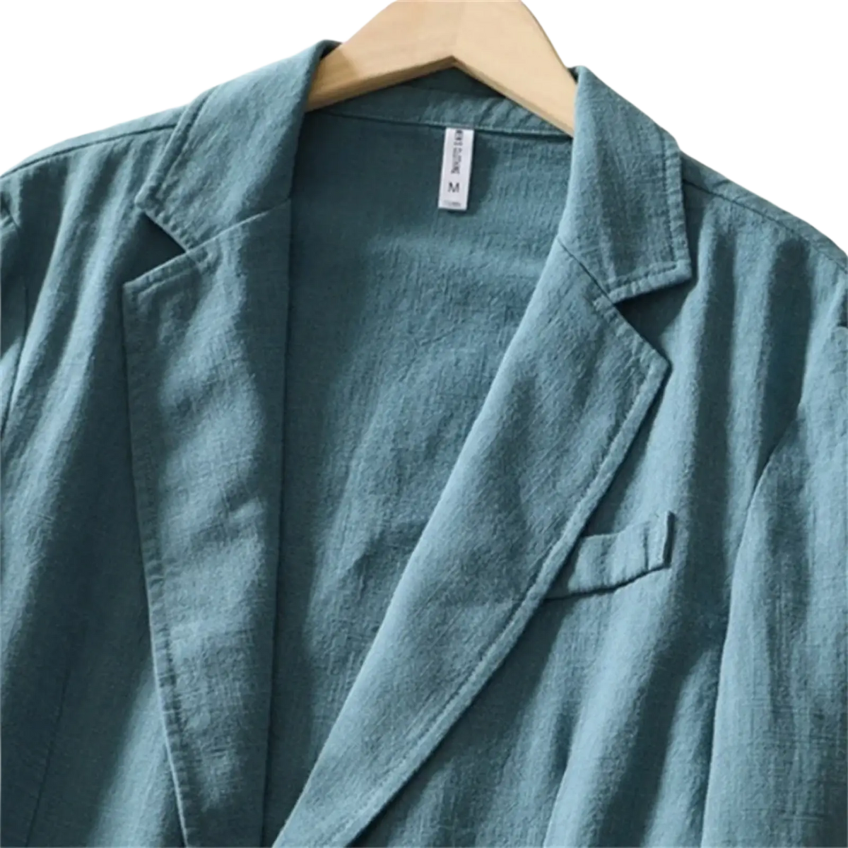 Men’s teal lightweight linen casual blazer jacket with relaxed fit and subtle texture hanging on wooden hanger