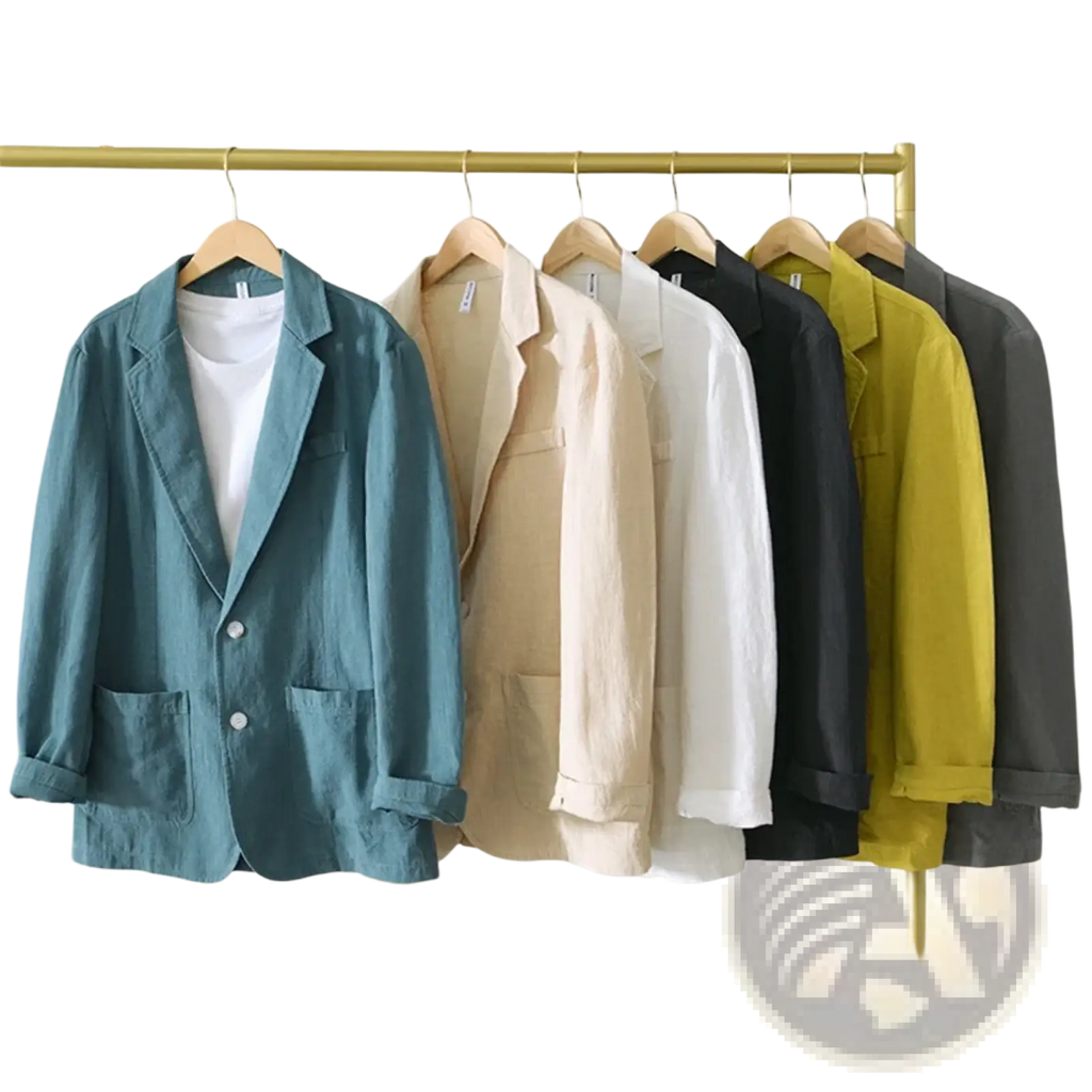 Men’s lightweight teal linen blazer jacket with relaxed fit and two front pockets for casual wear
