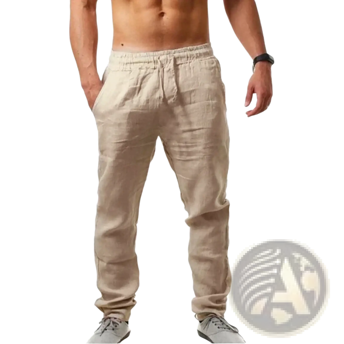 Men’s lightweight beige linen joggers with an elastic waistband and drawstring for comfortable casual wear