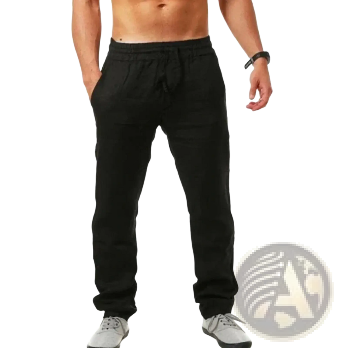 Men’s black lightweight linen joggers with drawstring waist relaxed fit and tapered legs for casual wear