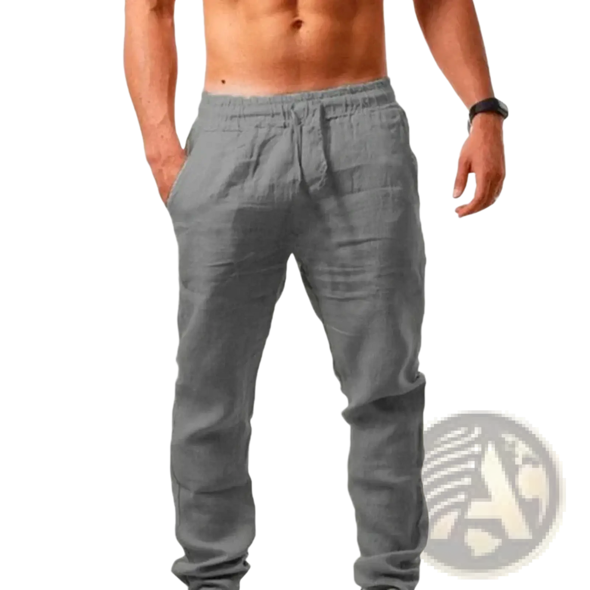 Men’s lightweight gray linen joggers with elastic waistband and drawstring for comfortable casual wear
