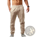Men’s lightweight beige linen joggers with elastic waistband and drawstring for comfortable casual wear