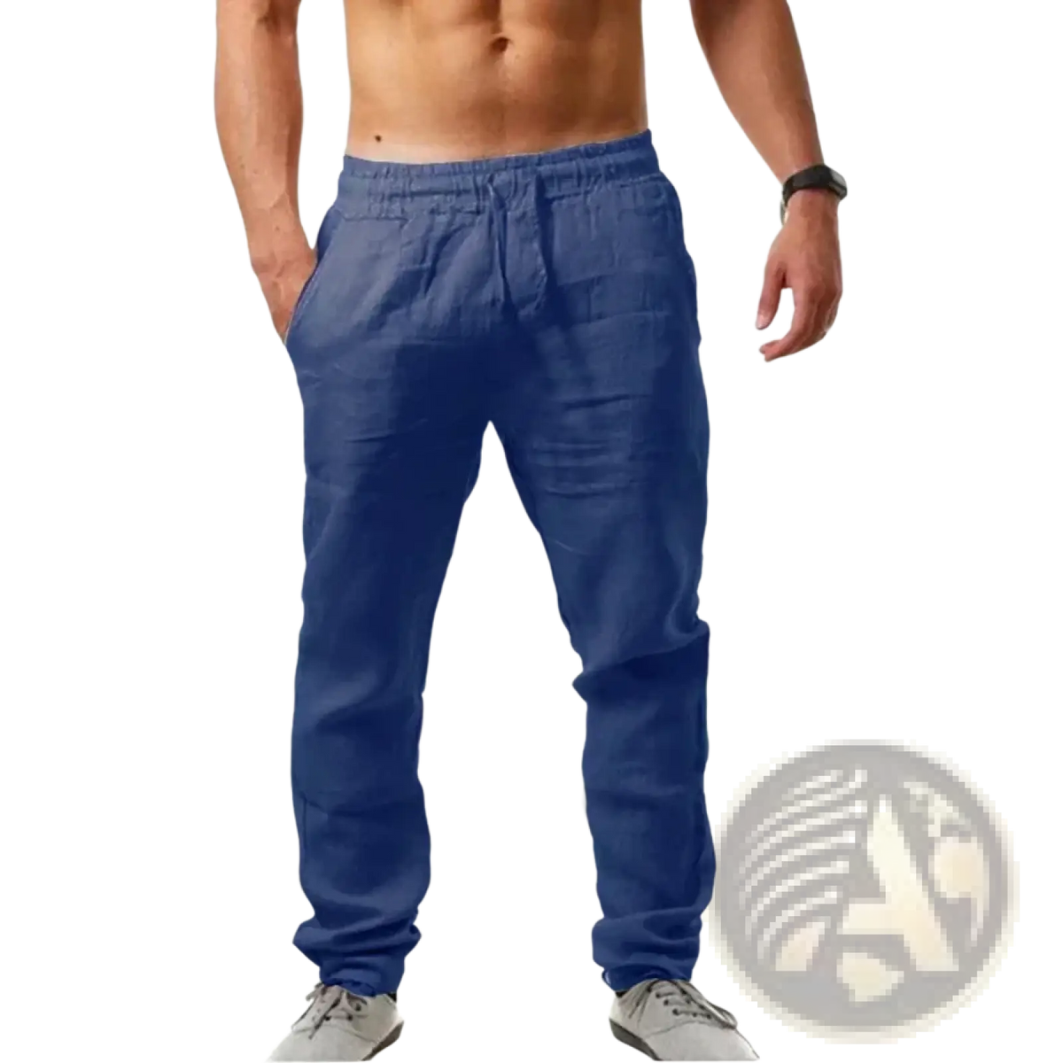 Men’s lightweight blue linen joggers with elastic waistband and drawstring for comfortable casual wear