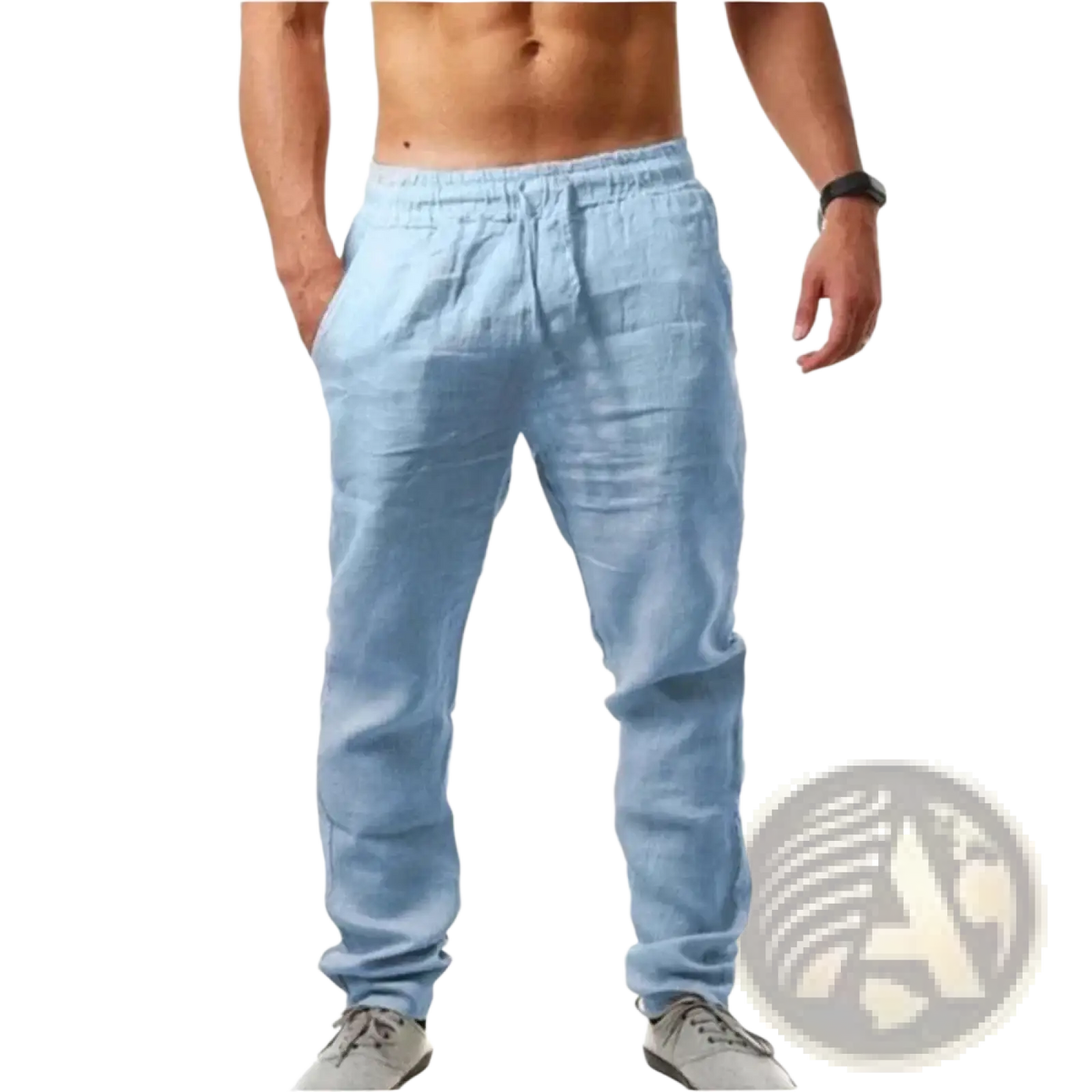 Men’s lightweight linen joggers in light blue with an elastic waistband and side pockets for casual wear