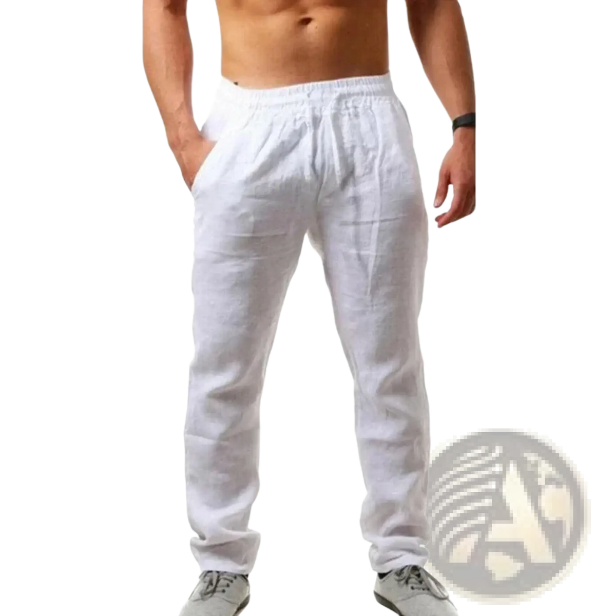 Men’s lightweight white linen joggers with elastic waistband and side pockets for comfortable casual wear