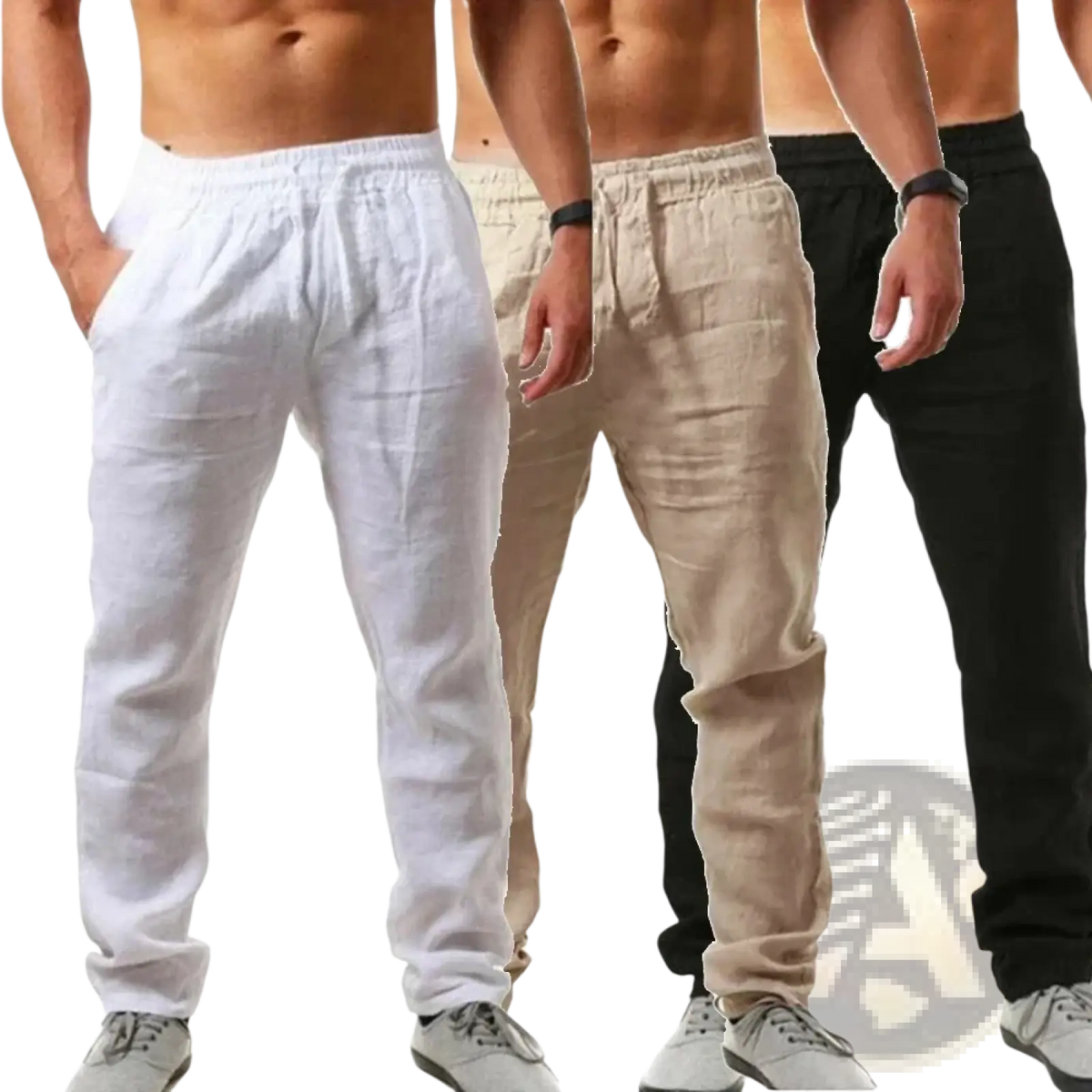 Men’s lightweight linen joggers in white beige and black with a relaxed fit and drawstring waist