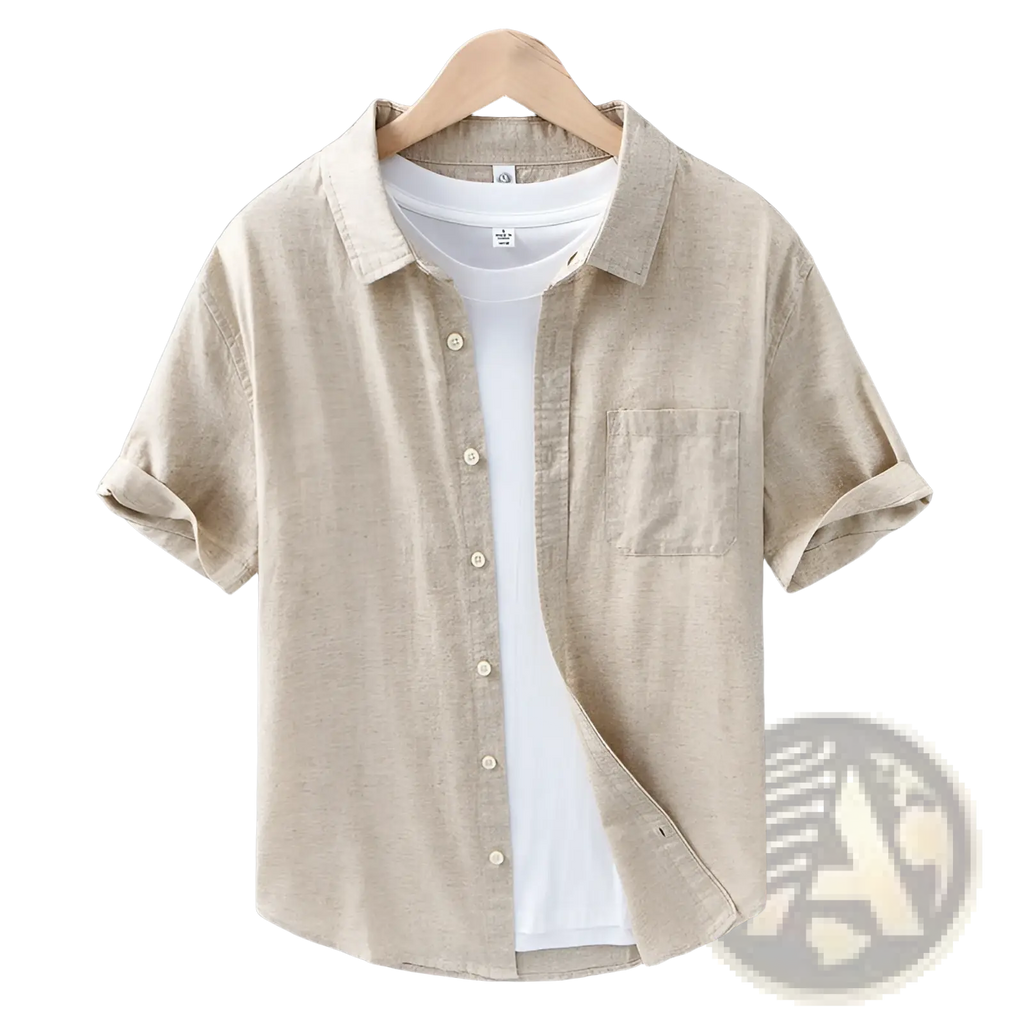 Men’s lightweight loose fit beige linen short sleeve shirt with collar and chest pocket for casual wear
