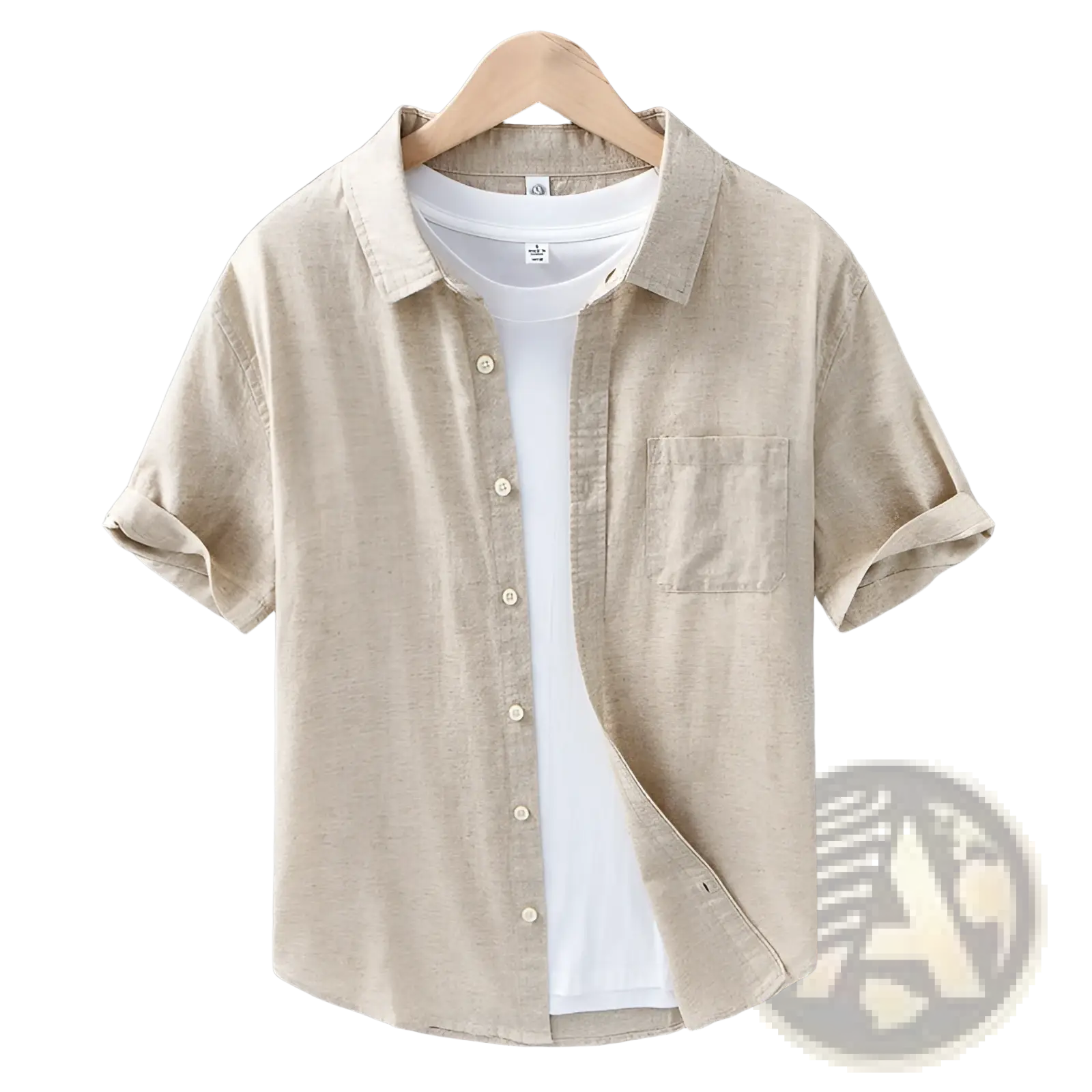 Men’s lightweight loose fit beige linen short sleeve shirt with collar and chest pocket for casual wear