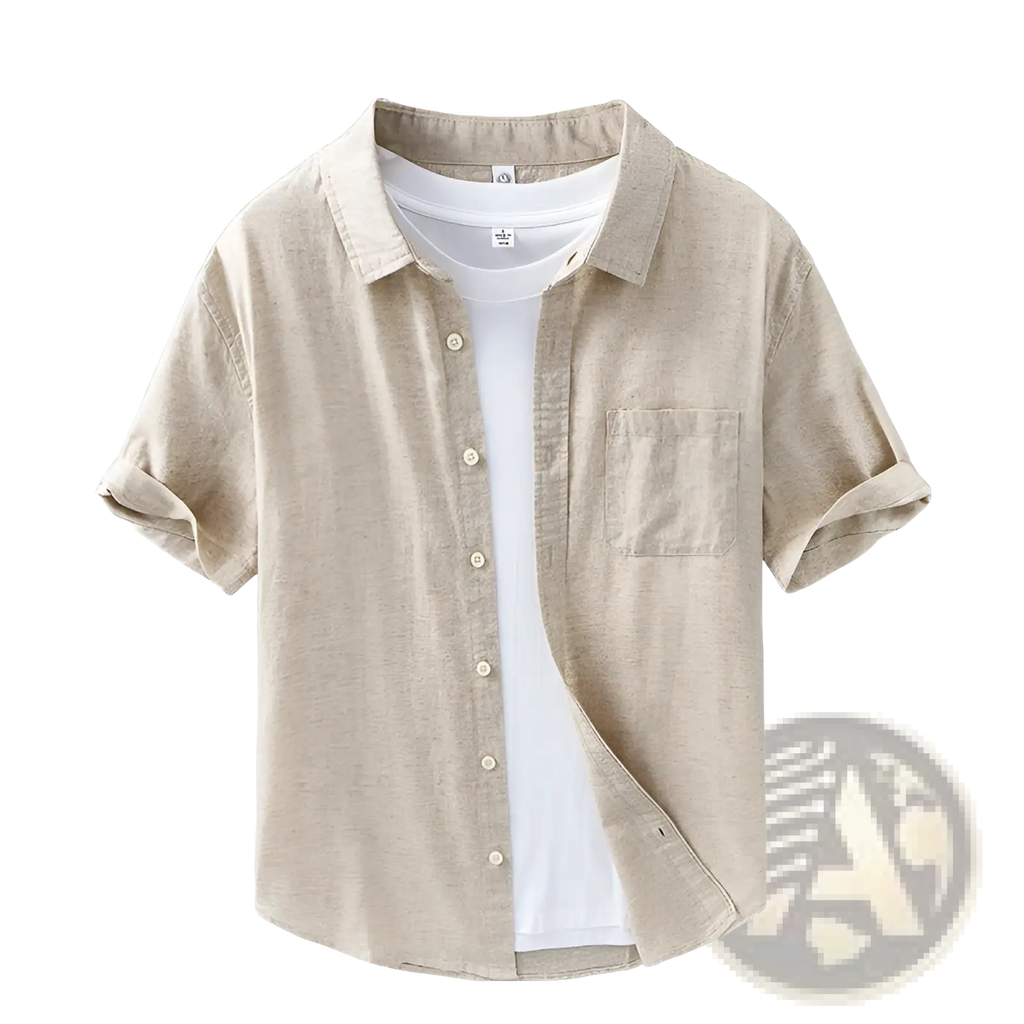 Beige men’s lightweight loose fit linen short sleeve shirt with subtle textured weave and chest pocket